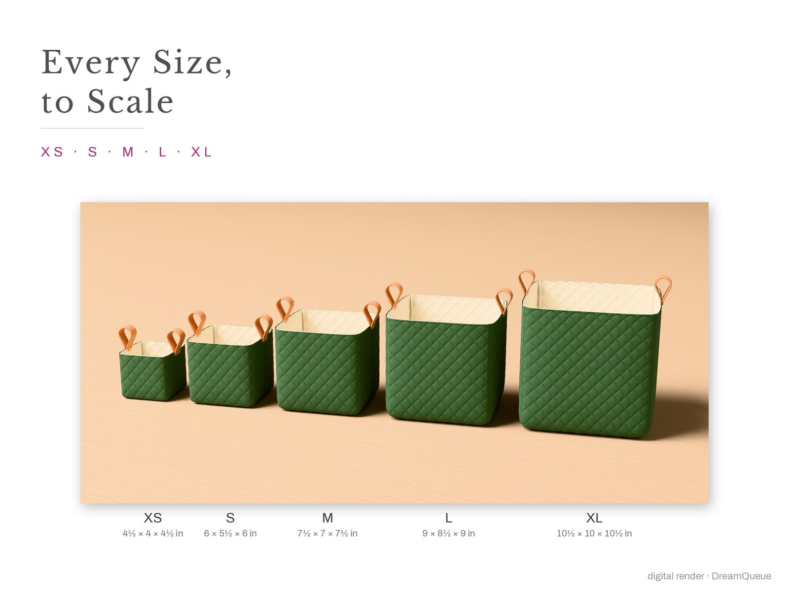 Quilted Fabric Basket in every size, side by side to scale