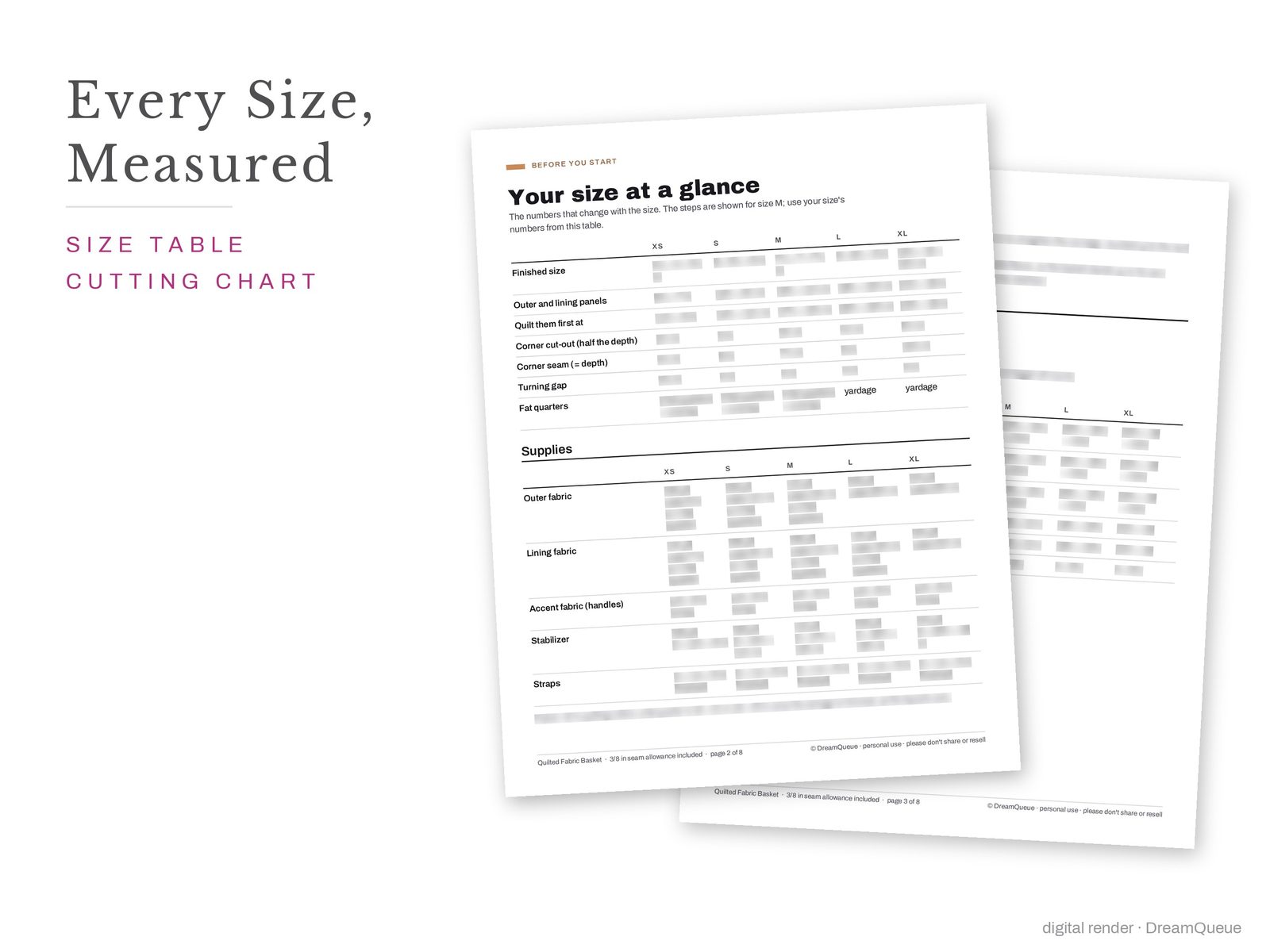 Quilted Fabric Basket pattern pages: size table, supplies and cutting chart