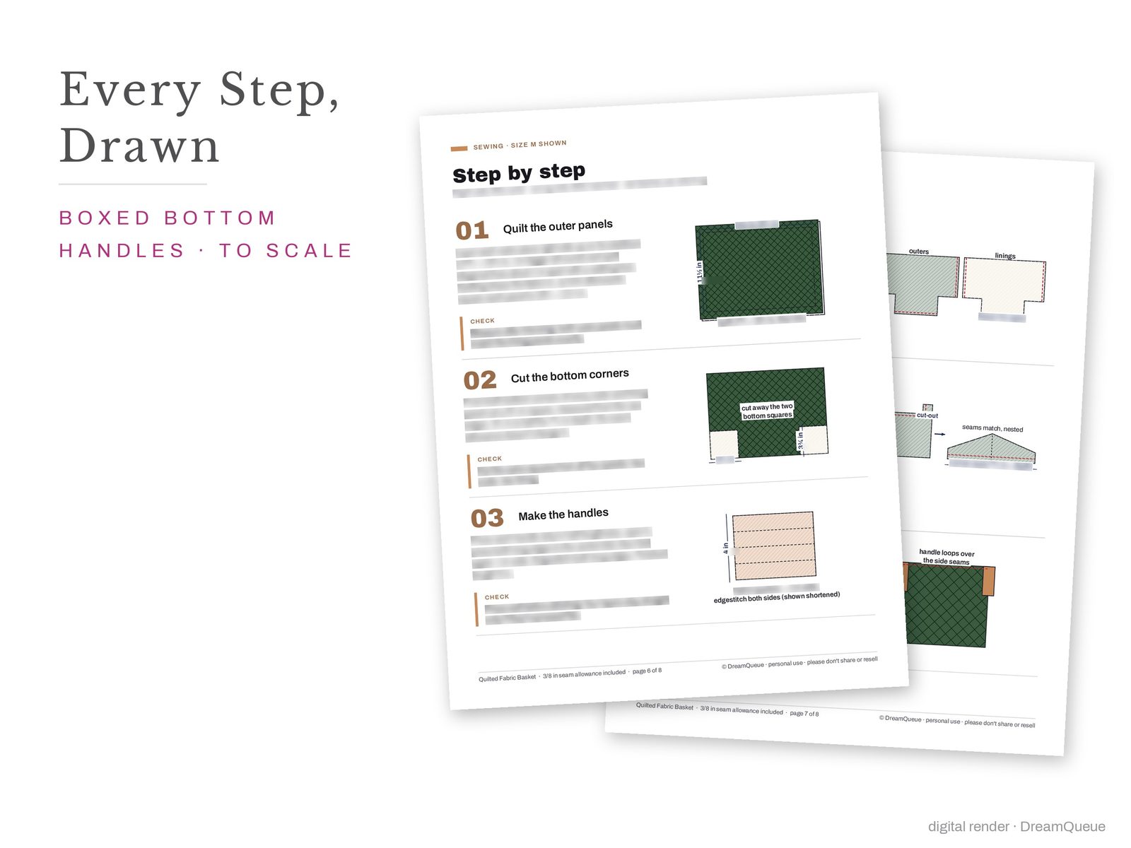 Quilted Fabric Basket construction diagrams, step by step