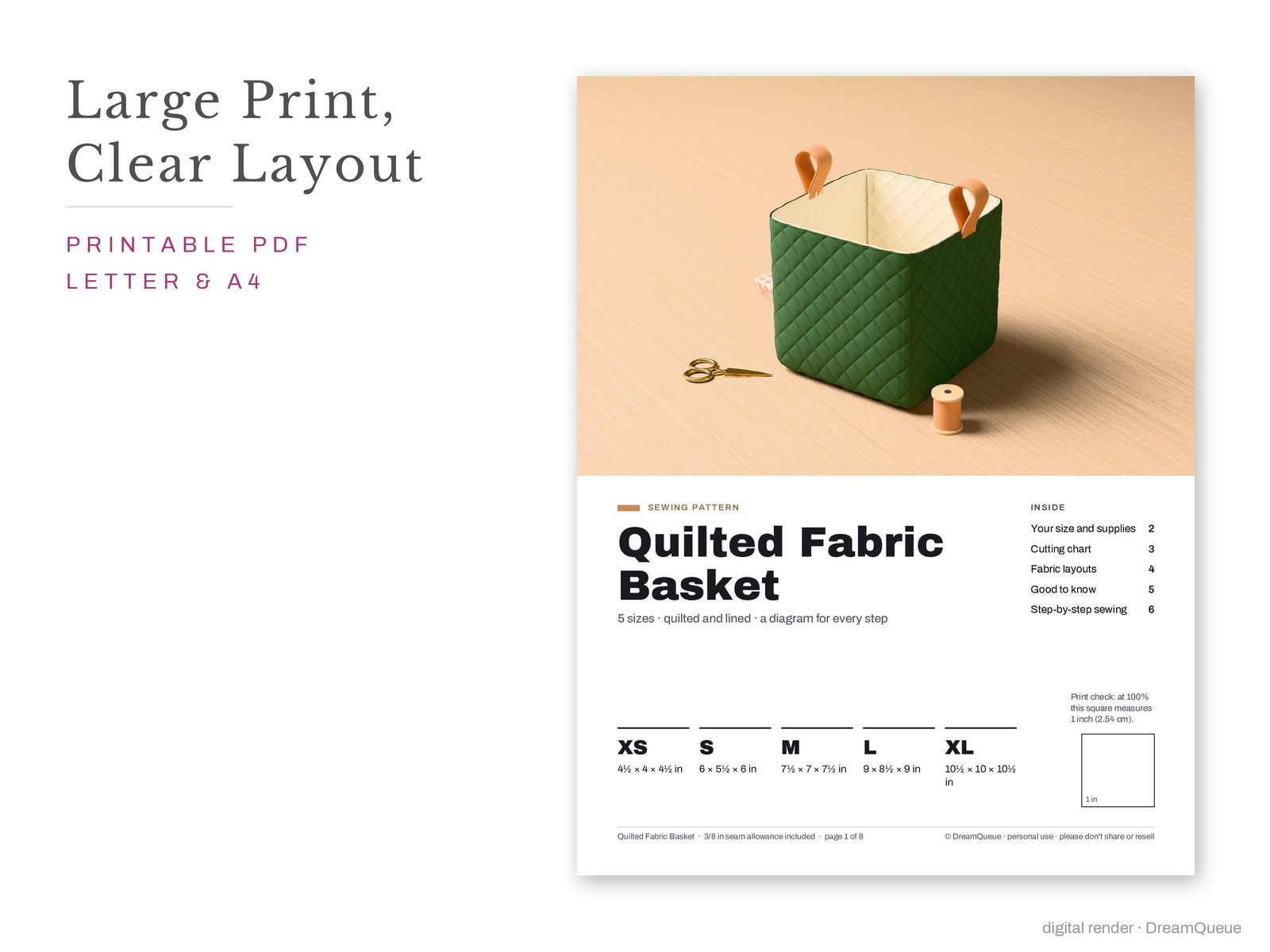 Quilted Fabric Basket pattern cover page: large print, clear layout