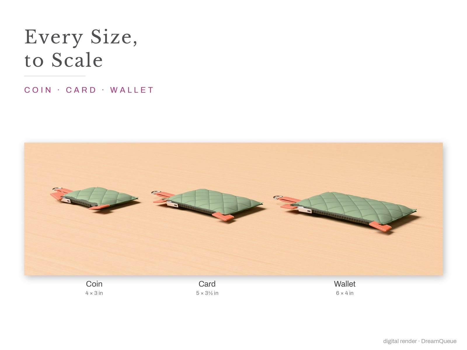 Quilted Mini Pouch in every size, side by side to scale