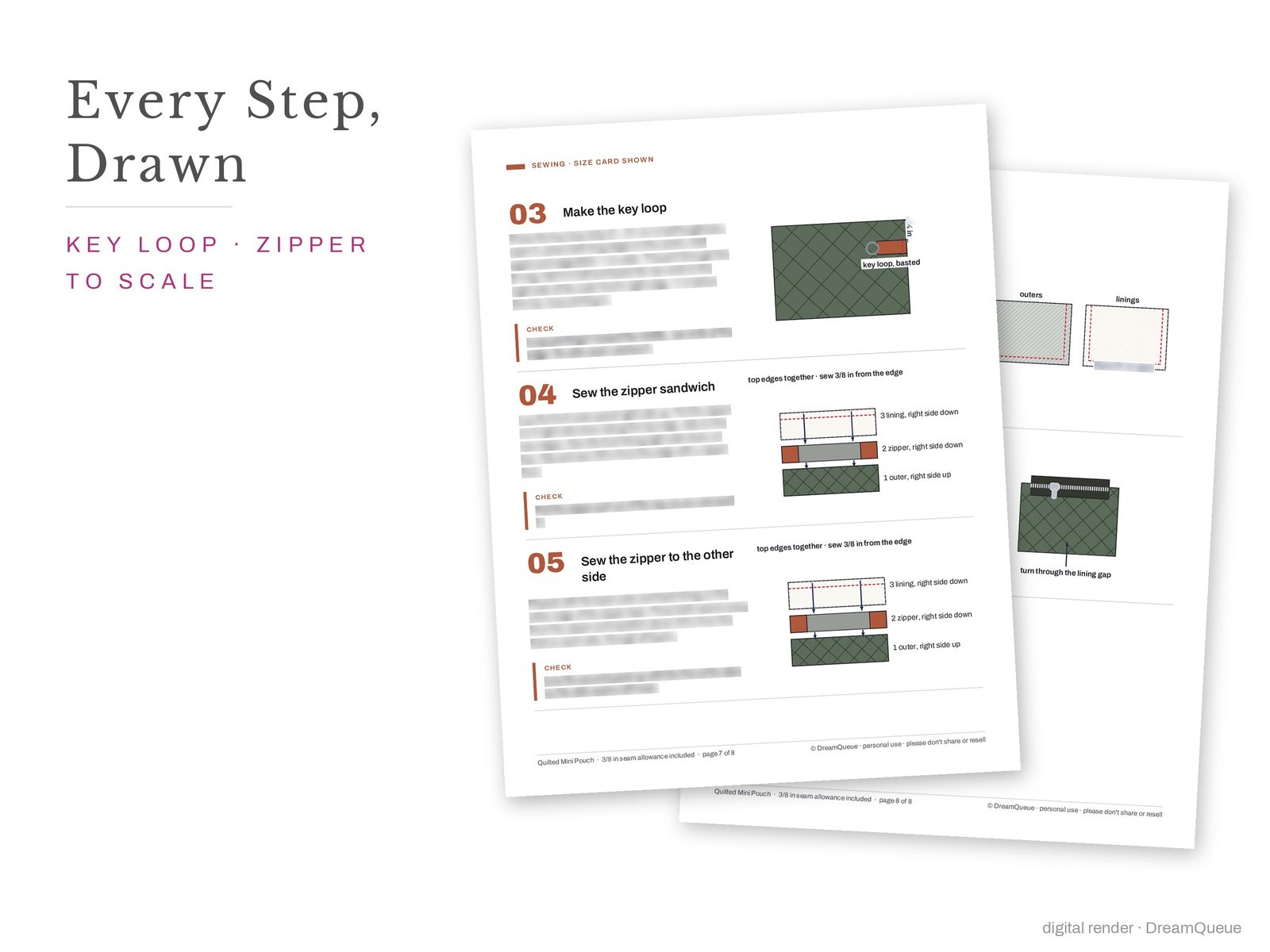 Quilted Mini Pouch construction diagrams, step by step