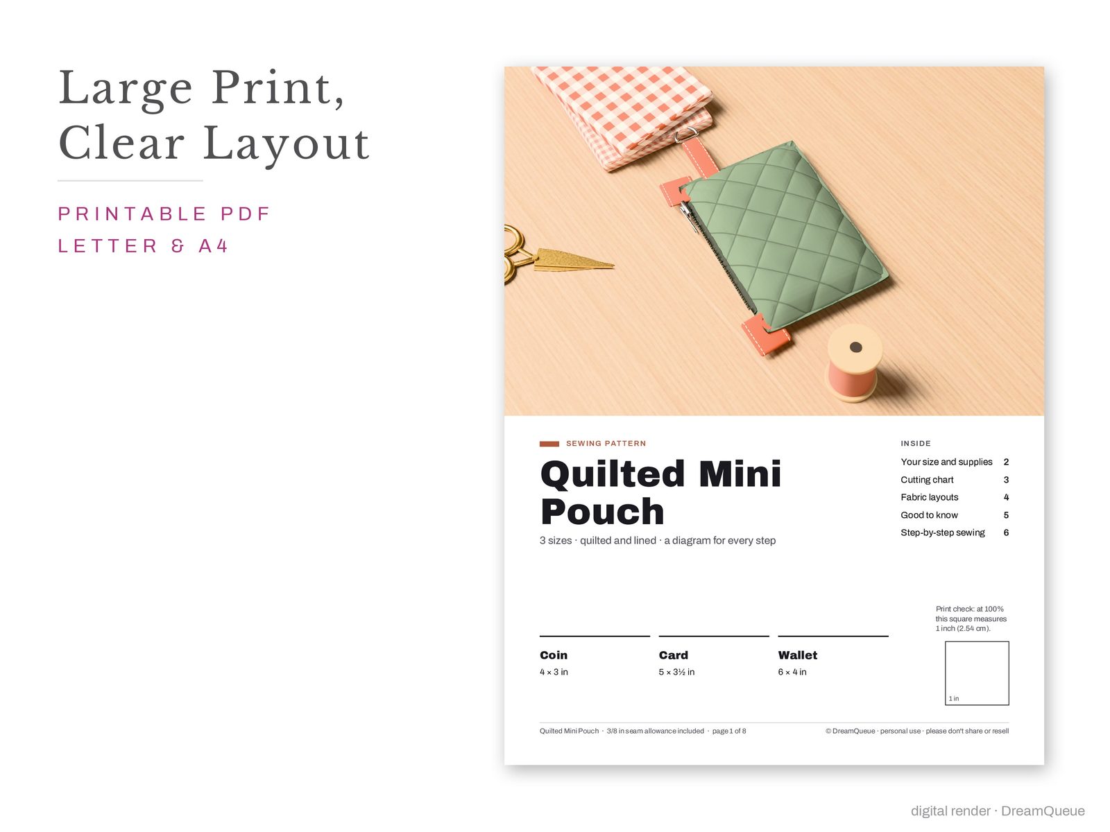 Quilted Mini Pouch pattern cover page: large print, clear layout