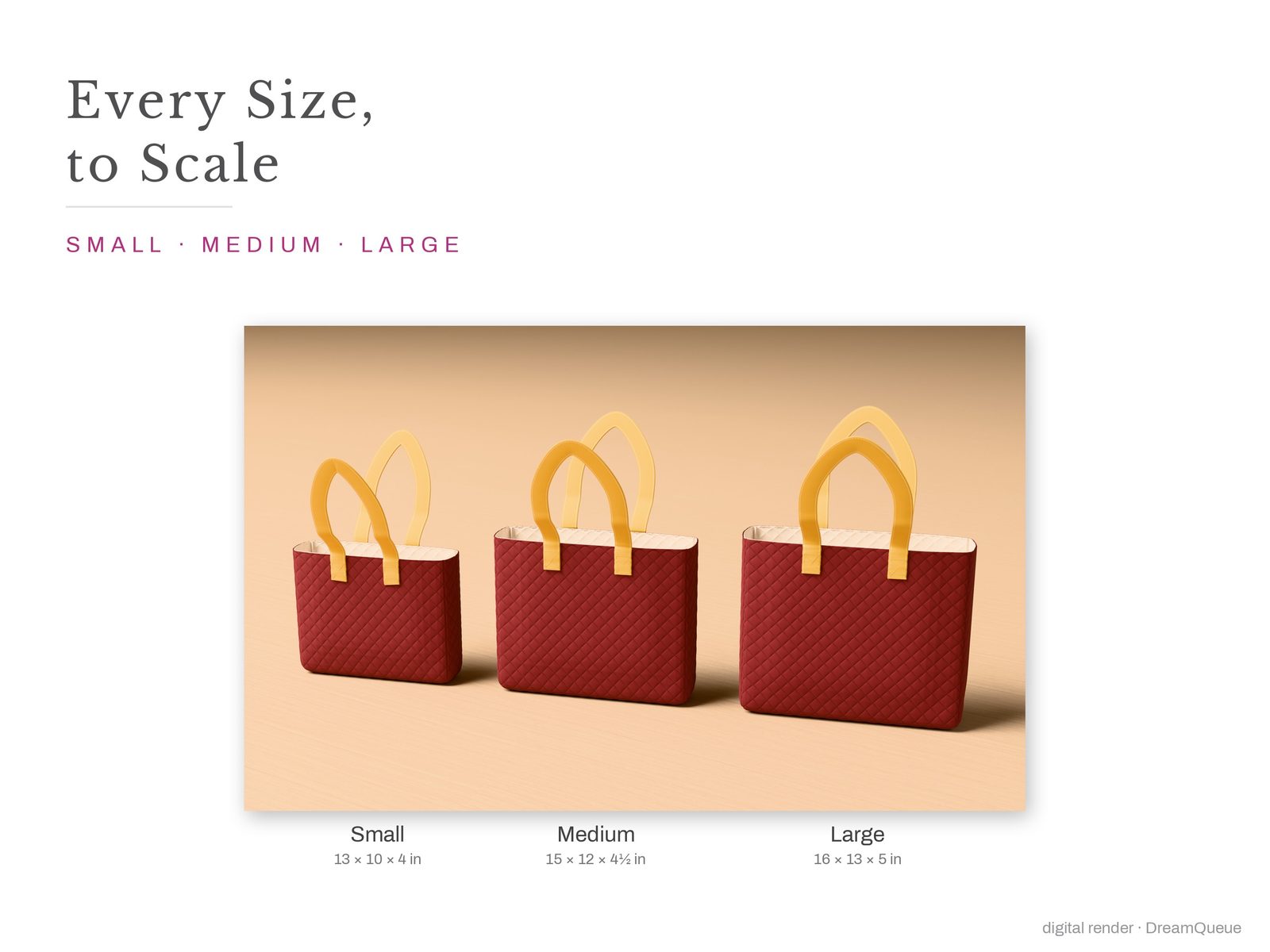 Quilted Tote Bag in every size, side by side to scale