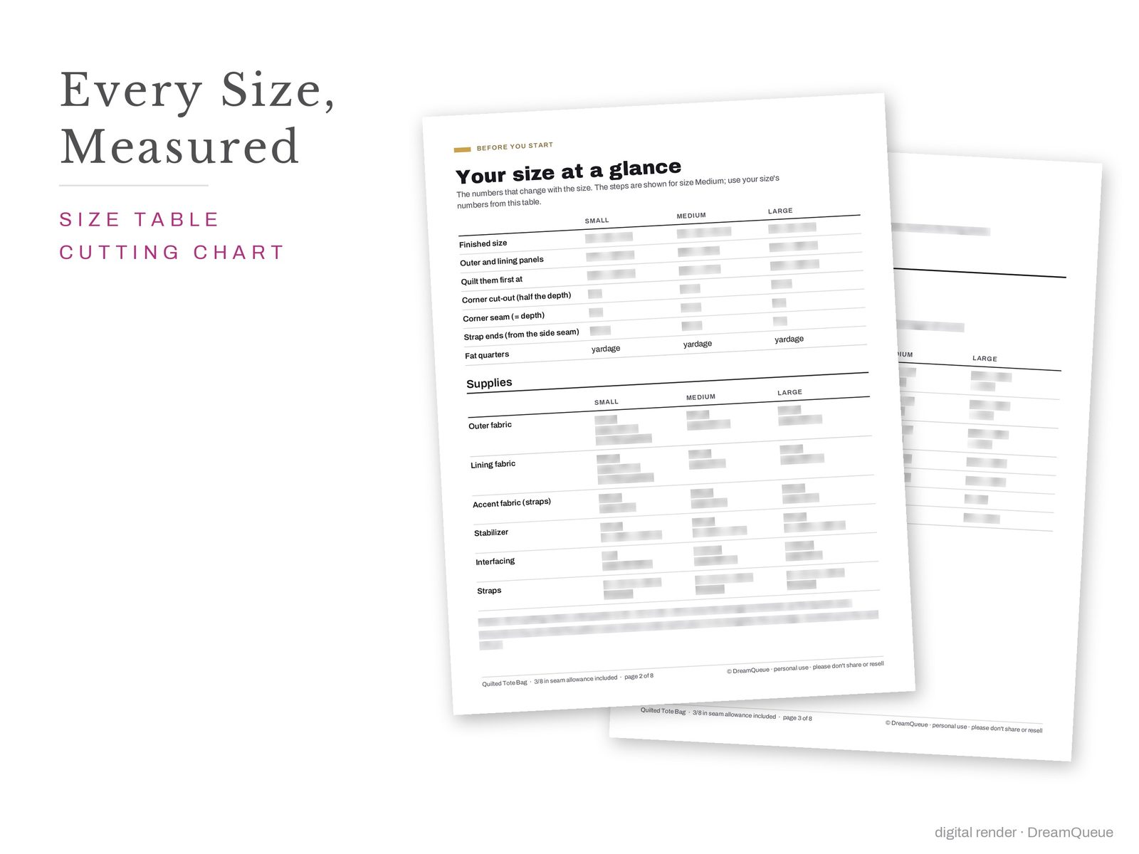 Quilted Tote Bag pattern pages: size table, supplies and cutting chart