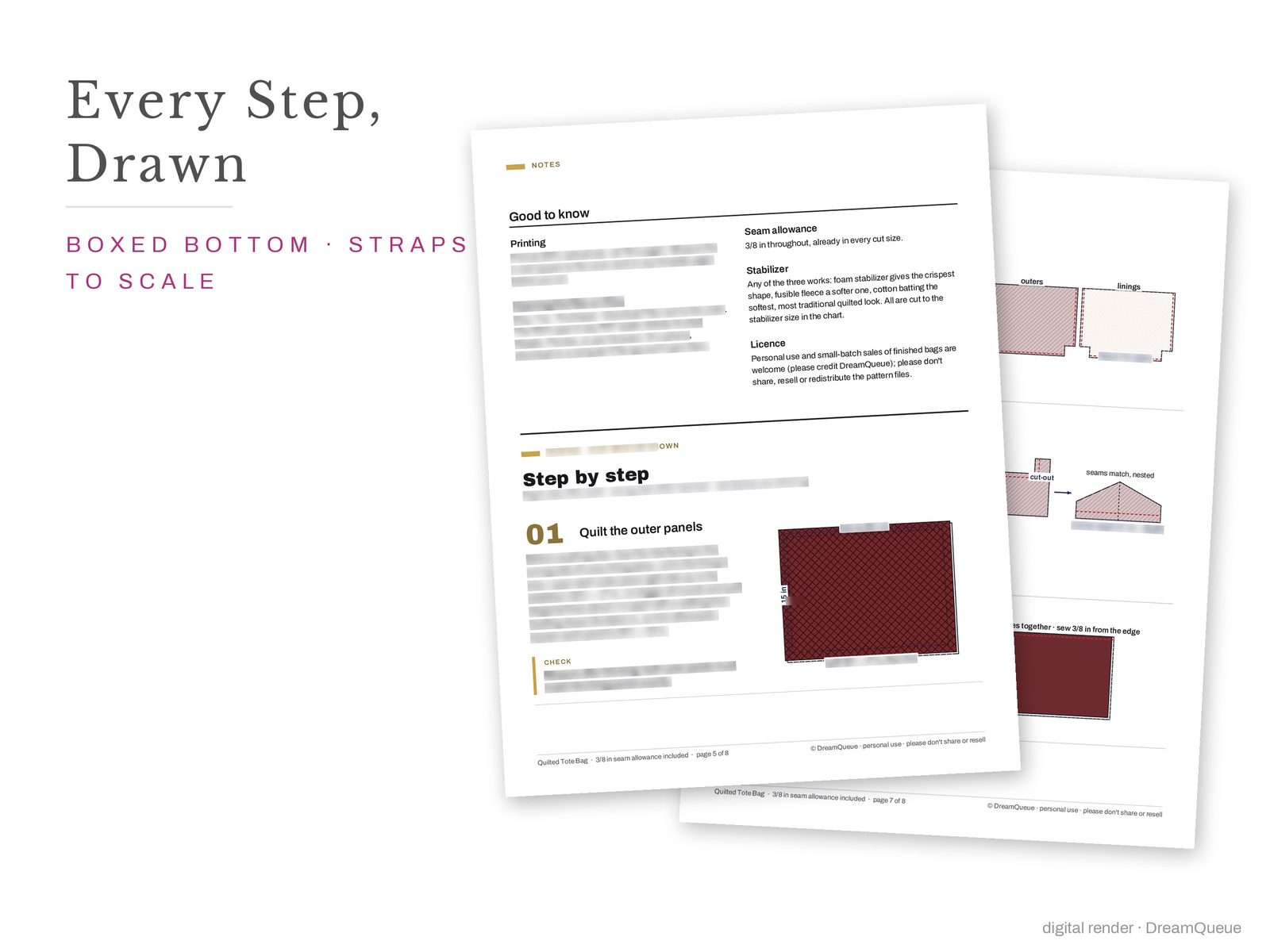 Quilted Tote Bag construction diagrams, step by step