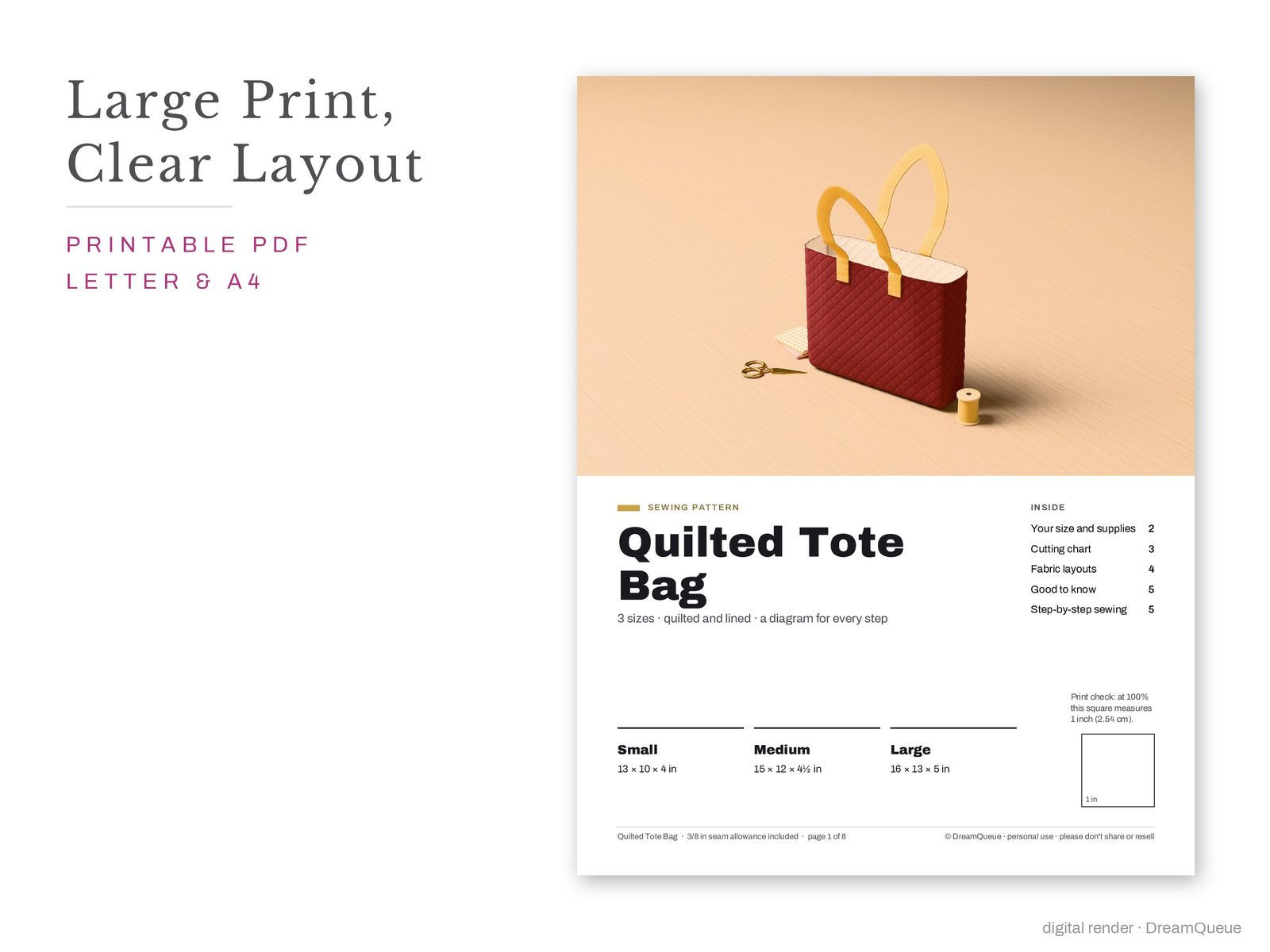 Quilted Tote Bag pattern cover page: large print, clear layout
