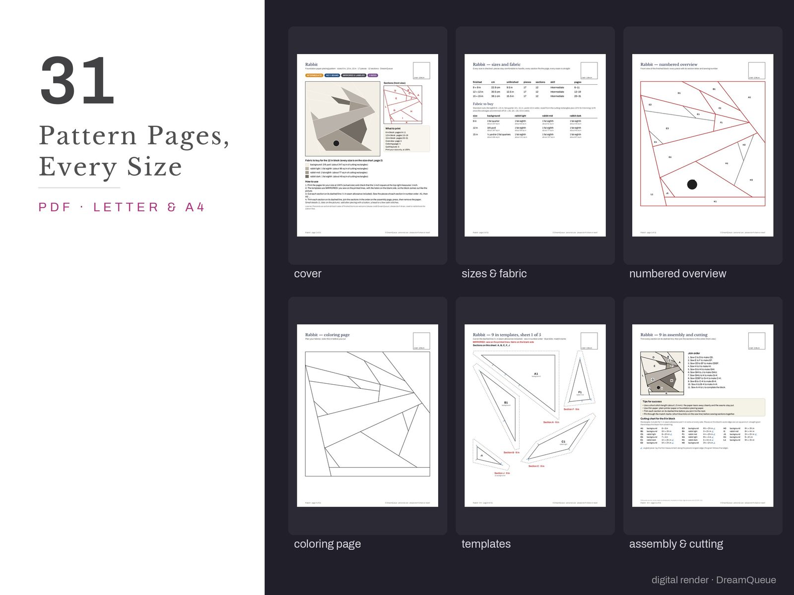 Thumbnails of the Rabbit quilt block pattern pages: cover, size and fabric chart, numbered overview, coloring page, templates, assembly and cutting chart