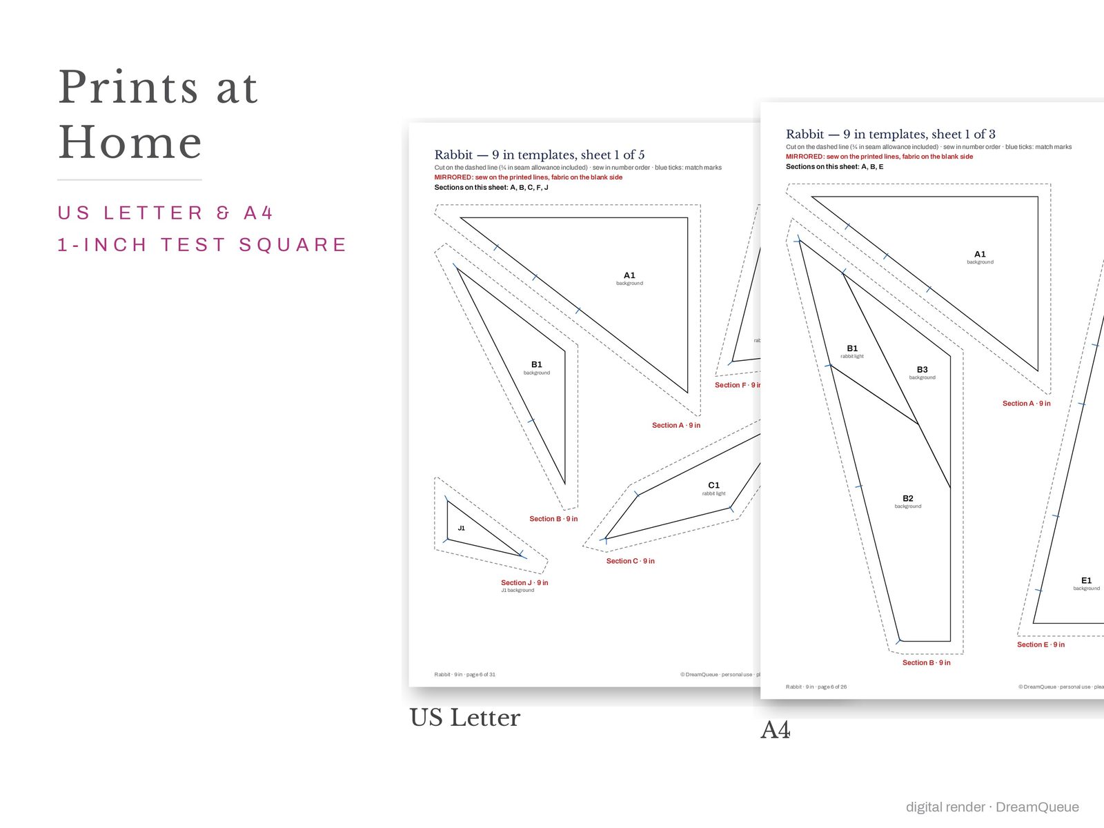 Rabbit quilt block templates printed on US Letter and A4 paper with a 1-inch test square to check the print scale