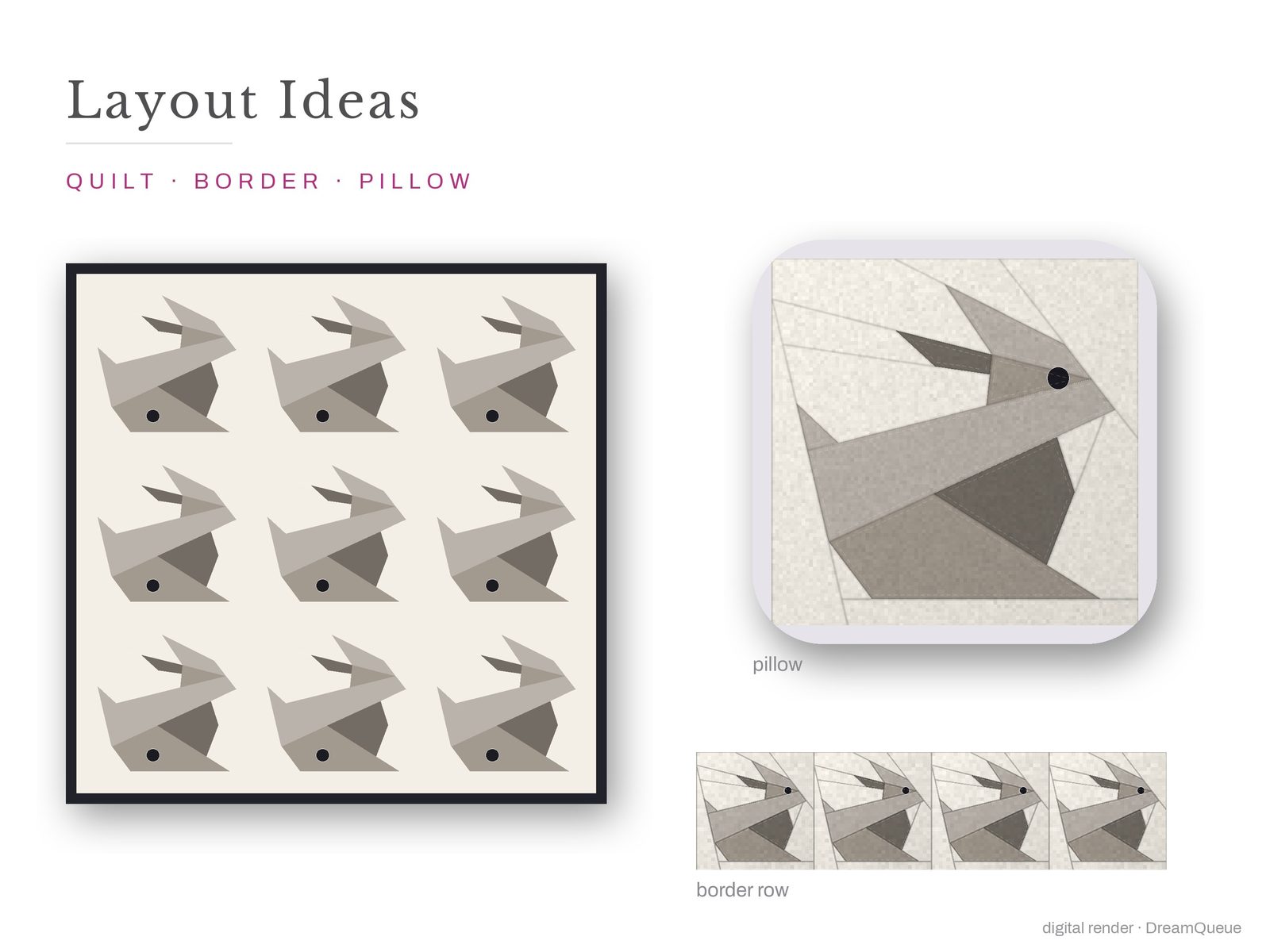 Layout ideas for the Rabbit quilt block: a full quilt, a border row and a pillow