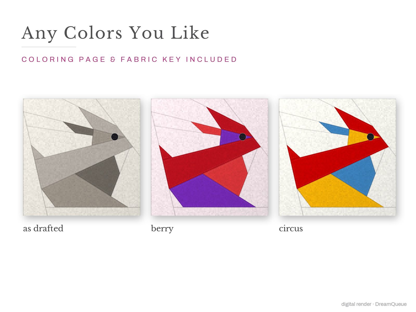 The Rabbit quilt block in three colorways, as drafted, pastel and jewel tones; a coloring page and fabric key are included