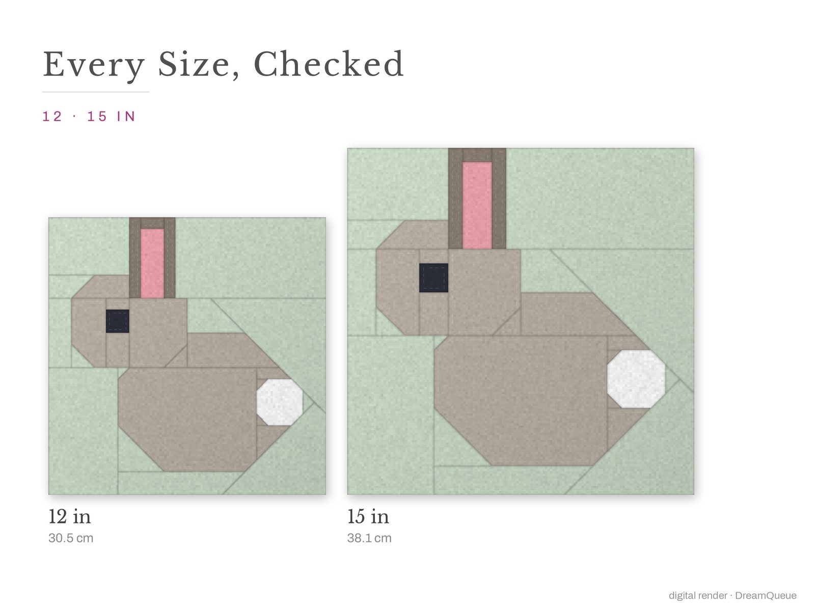 The Sitting Rabbit quilt block at every finished size: 12 and 15 inch