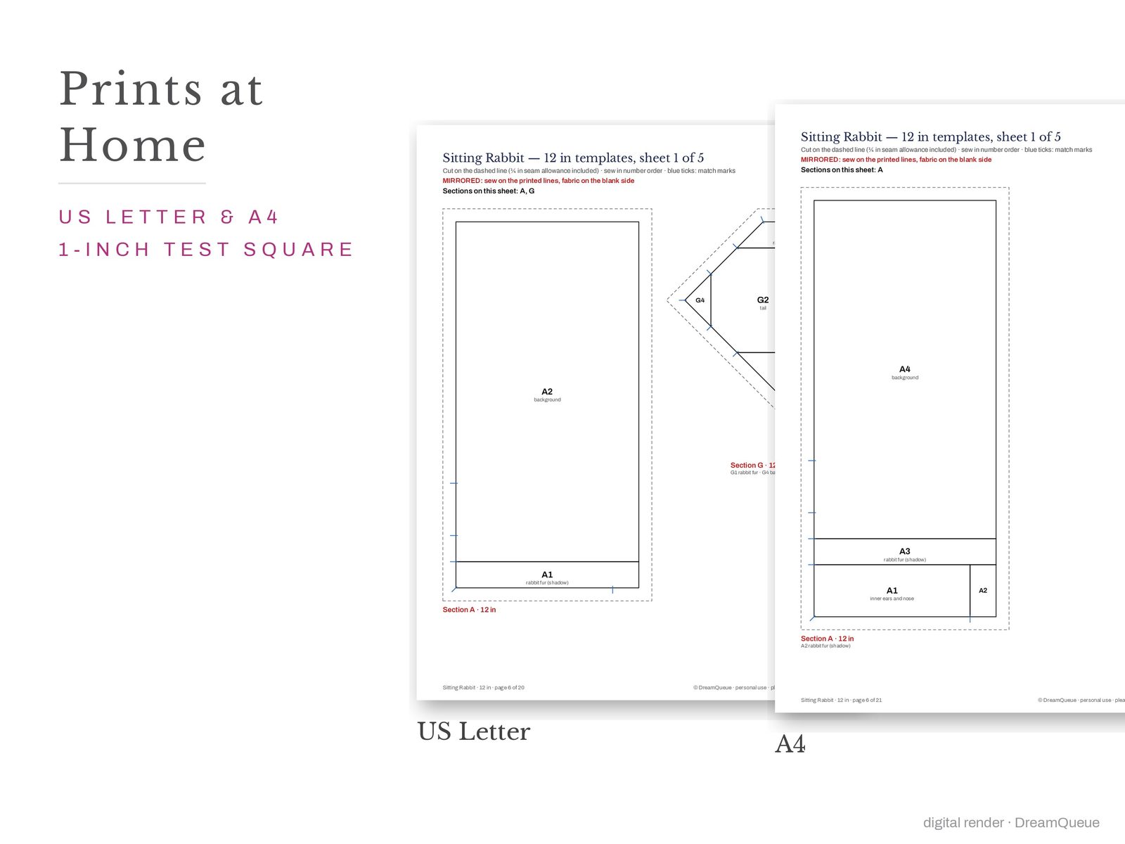 Sitting rabbit quilt block templates printed on US Letter and A4 paper with a 1-inch test square to check the print scale
