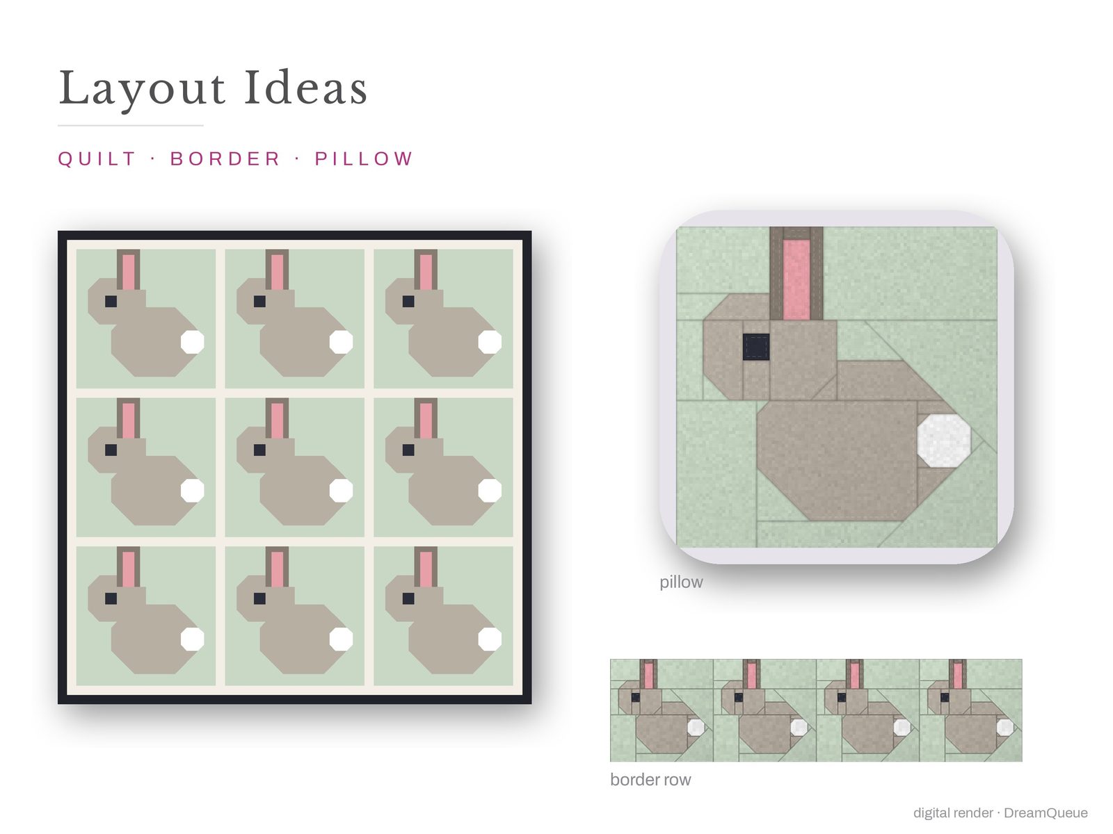 Layout ideas for the Sitting Rabbit quilt block: a full quilt, a border row and a pillow