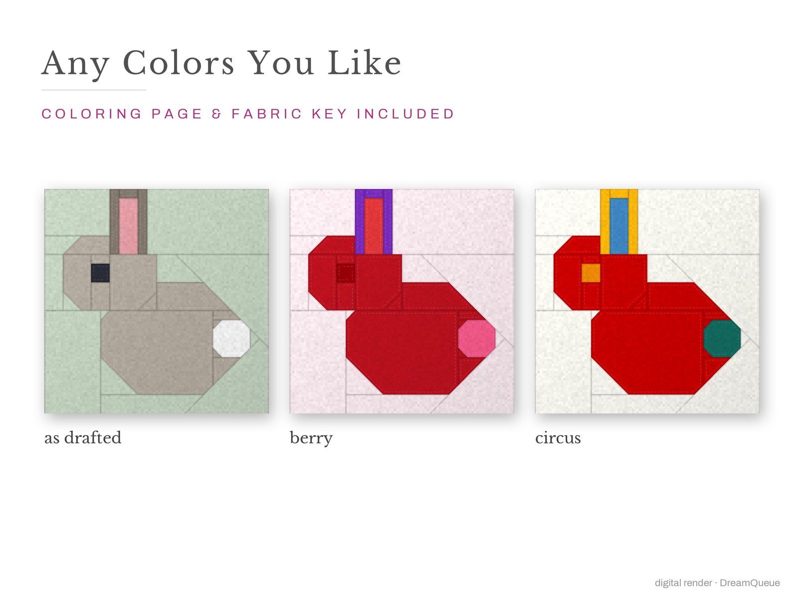 The Sitting Rabbit quilt block in three colorways, as drafted, pastel and jewel tones; a coloring page and fabric key are included