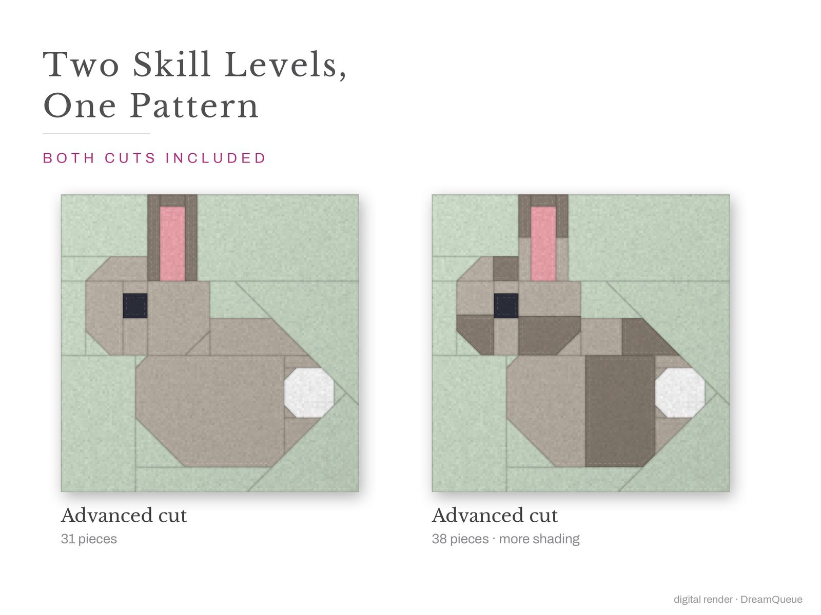 Sitting Rabbit: Skill level advanced: no Y-seams, mirrored and labeled templates, every size checked, pieces numbered in sewing order, cutting chart and fabric to buy