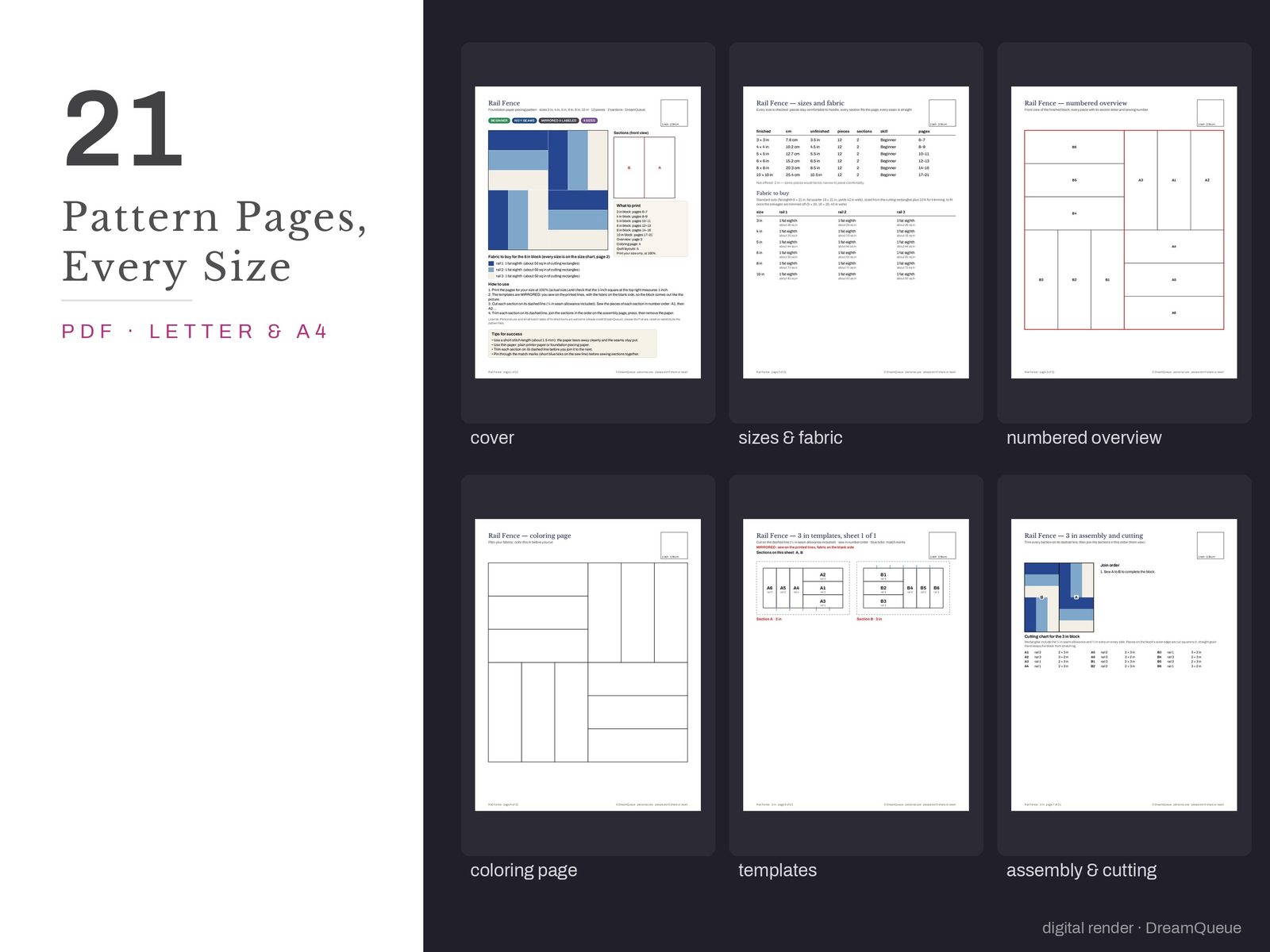Thumbnails of the Rail Fence quilt block pattern pages: cover, size and fabric chart, numbered overview, coloring page, templates, assembly and cutting chart