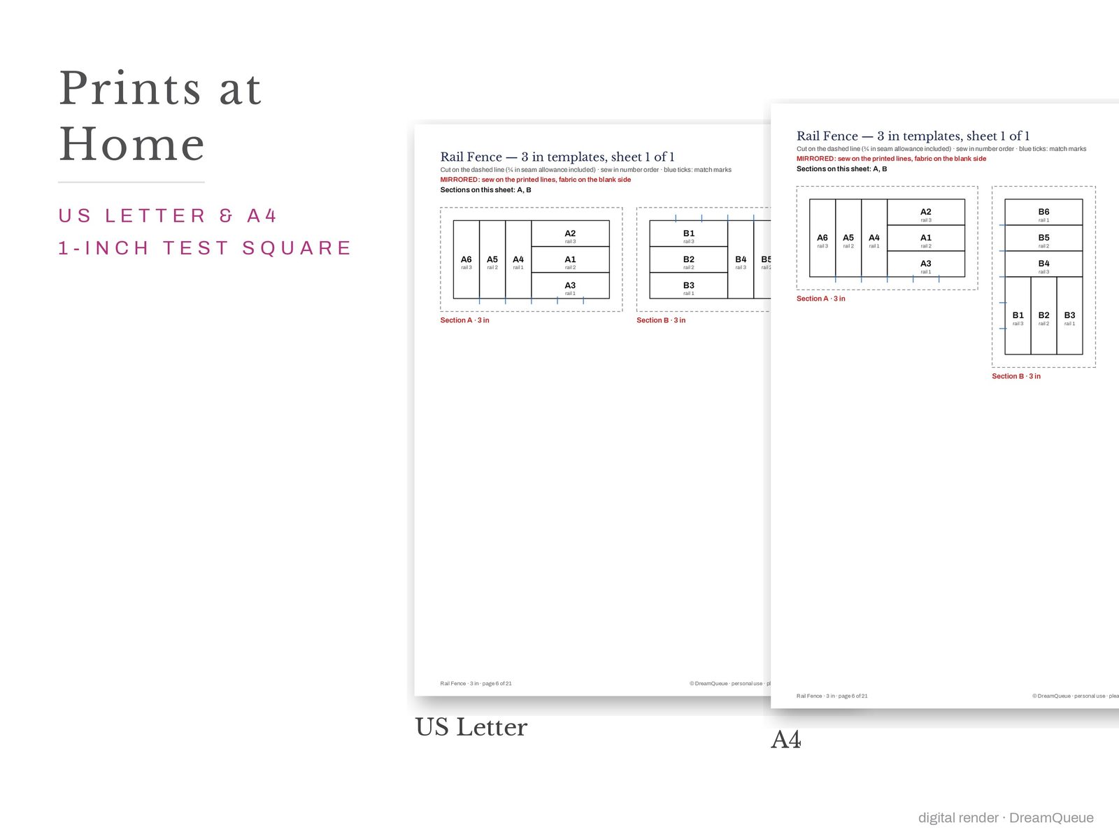 Rail fence quilt block templates printed on US Letter and A4 paper with a 1-inch test square to check the print scale