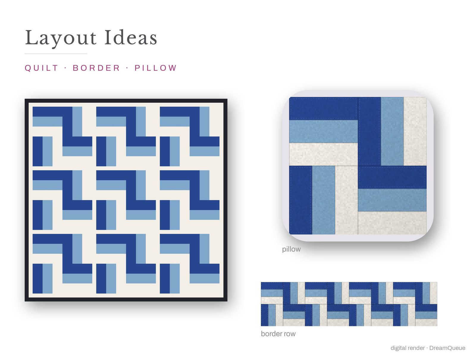 Layout ideas for the Rail Fence quilt block: a full quilt, a border row and a pillow