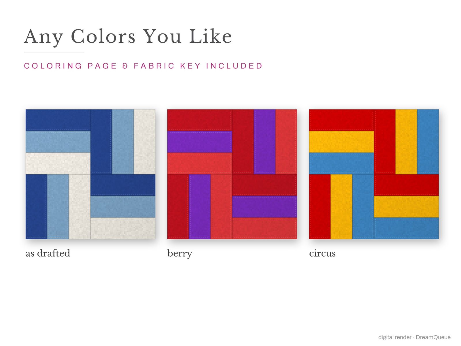 The Rail Fence quilt block in three colorways, as drafted, pastel and jewel tones; a coloring page and fabric key are included