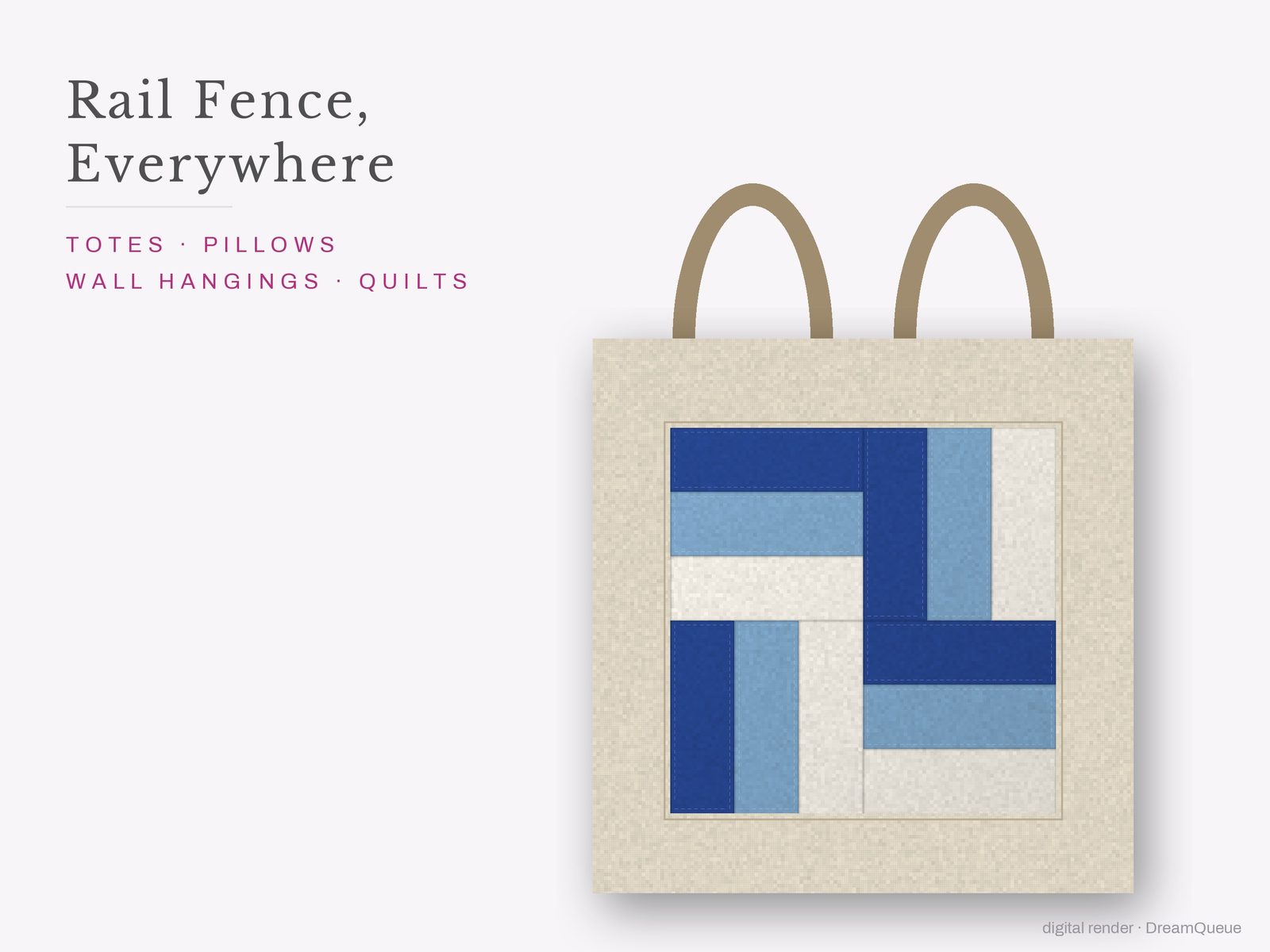 The Rail Fence quilt block sewn into a tote bag, one idea for totes, pillows, wall hangings and quilts