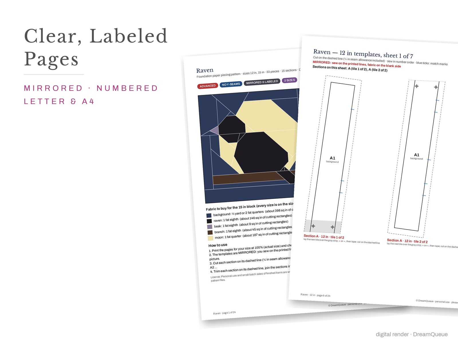 Cover page and a mirrored, numbered template sheet from the Raven quilt block FPP pattern