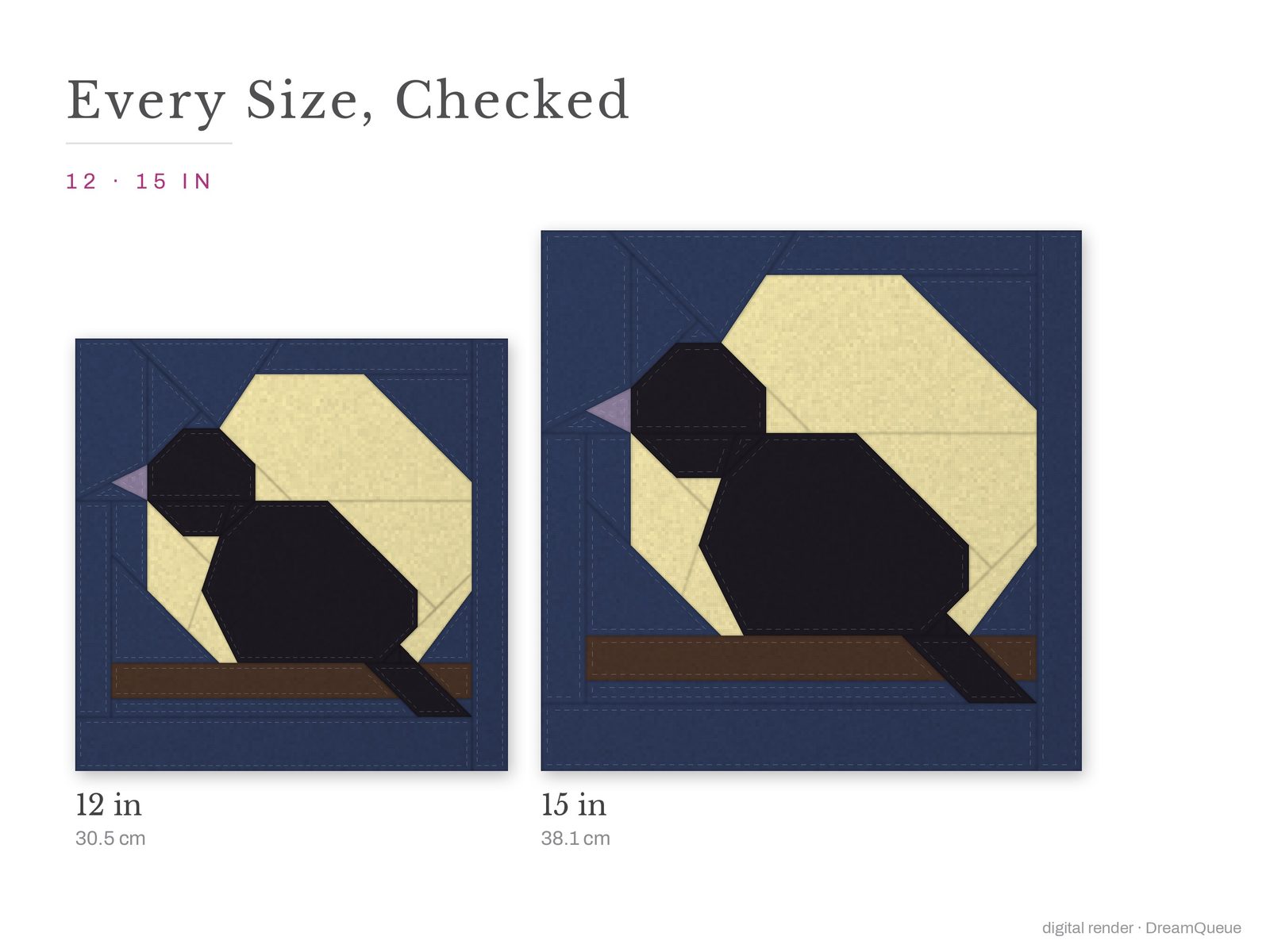 The Raven quilt block at every finished size: 12 and 15 inch