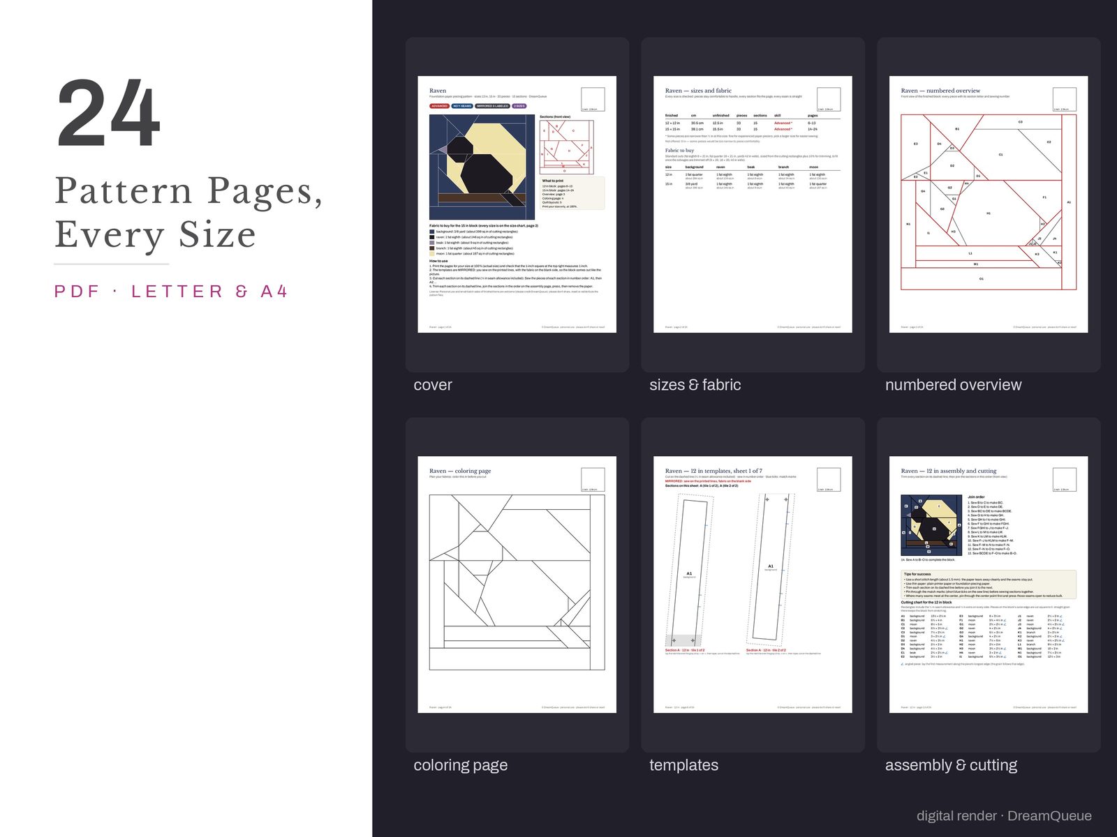 Thumbnails of the Raven quilt block pattern pages: cover, size and fabric chart, numbered overview, coloring page, templates, assembly and cutting chart
