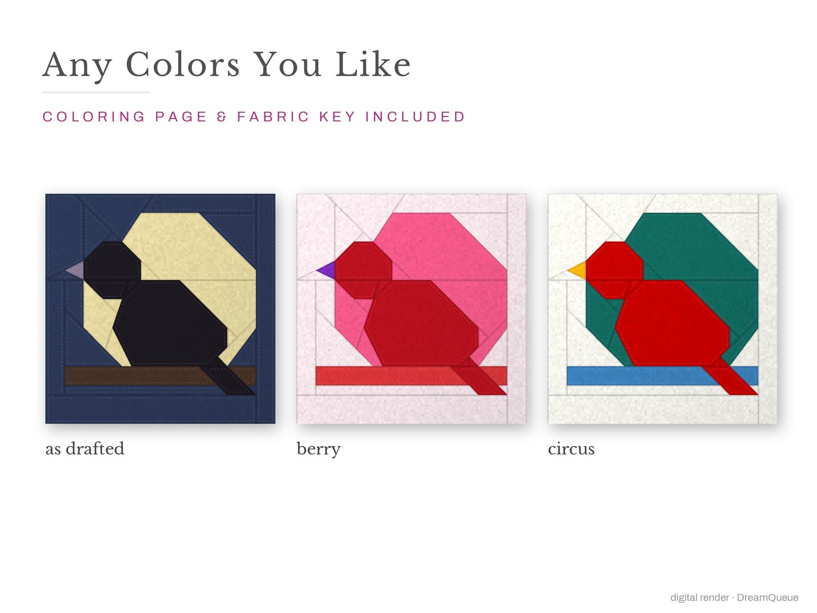The Raven quilt block in three colorways, as drafted, pastel and jewel tones; a coloring page and fabric key are included