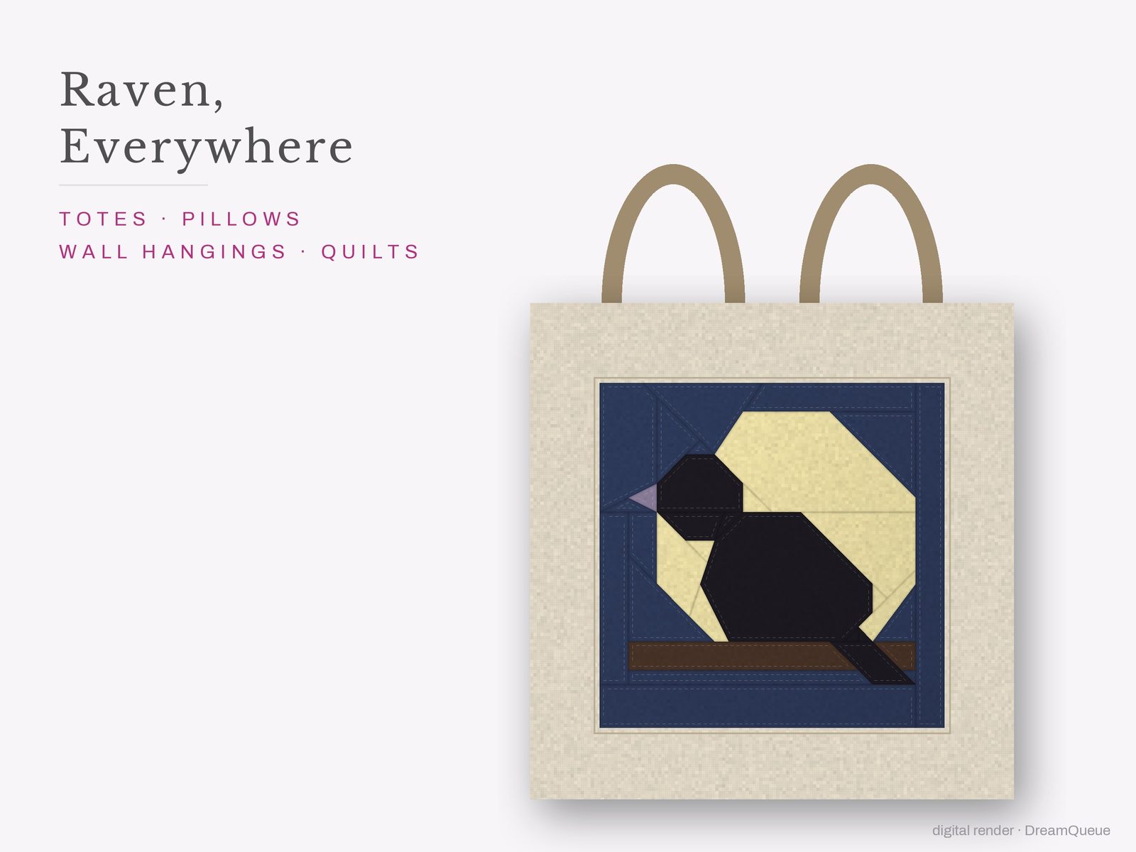 The Raven quilt block sewn into a tote bag, one idea for totes, pillows, wall hangings and quilts