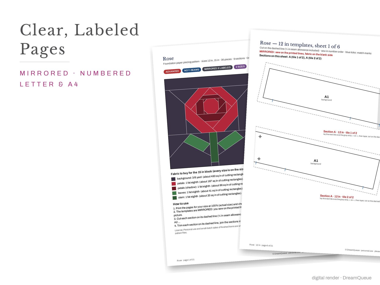 Cover page and a mirrored, numbered template sheet from the Rose quilt block FPP pattern