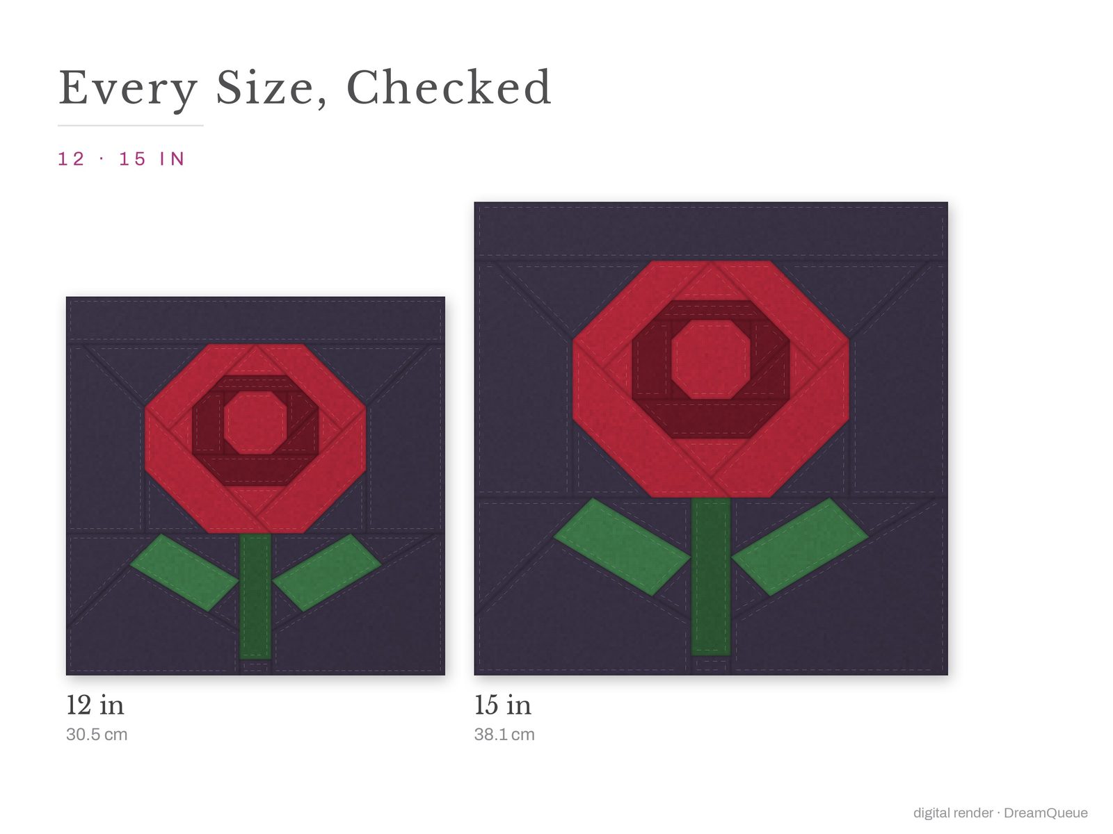 The Rose quilt block at every finished size: 12 and 15 inch