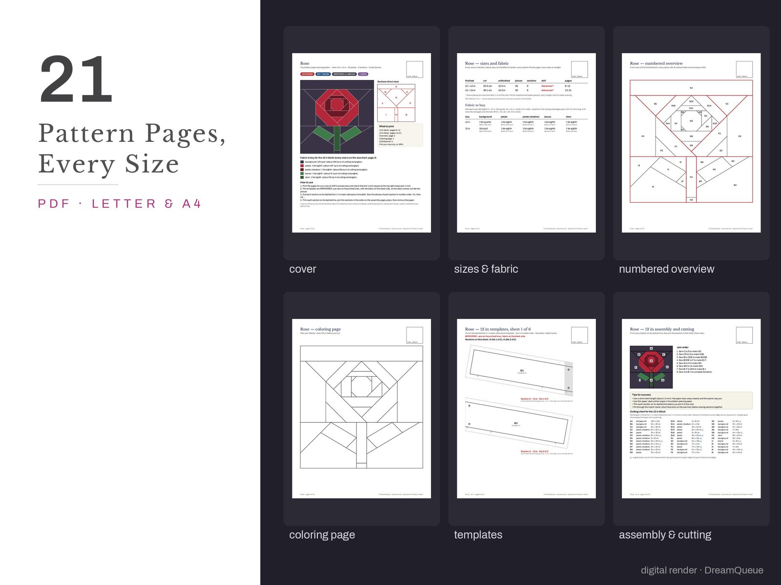 Thumbnails of the Rose quilt block pattern pages: cover, size and fabric chart, numbered overview, coloring page, templates, assembly and cutting chart