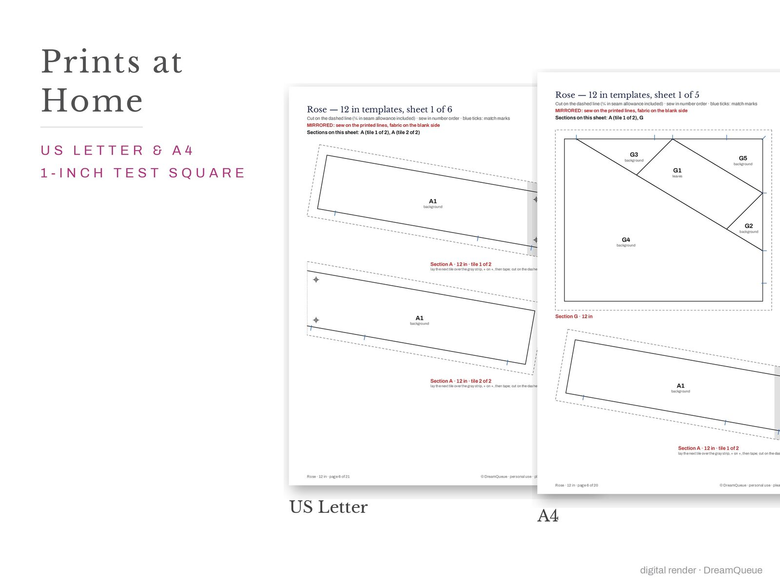 Rose quilt block templates printed on US Letter and A4 paper with a 1-inch test square to check the print scale