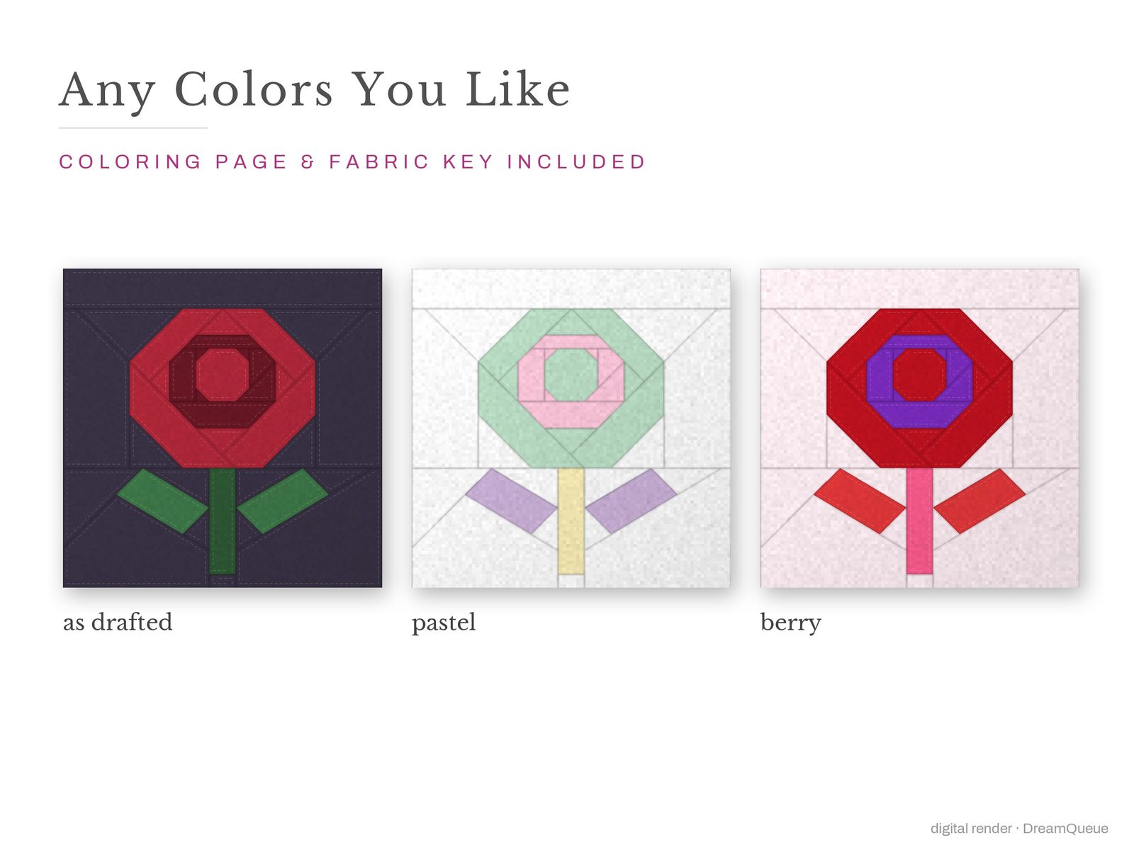 The Rose quilt block in three colorways, as drafted, pastel and jewel tones; a coloring page and fabric key are included