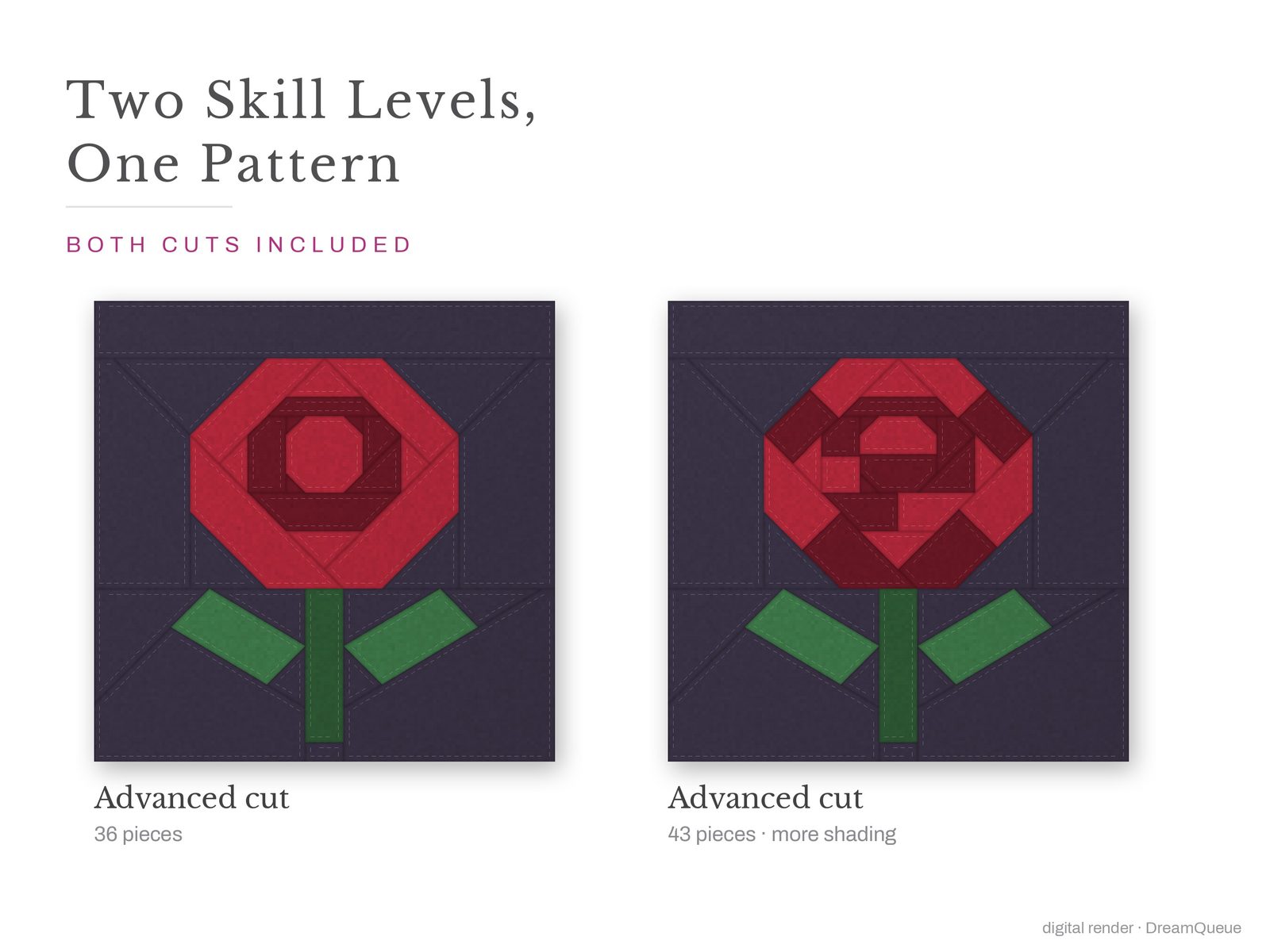 Rose: Skill level advanced: no Y-seams, mirrored and labeled templates, every size checked, pieces numbered in sewing order, cutting chart and fabric to buy