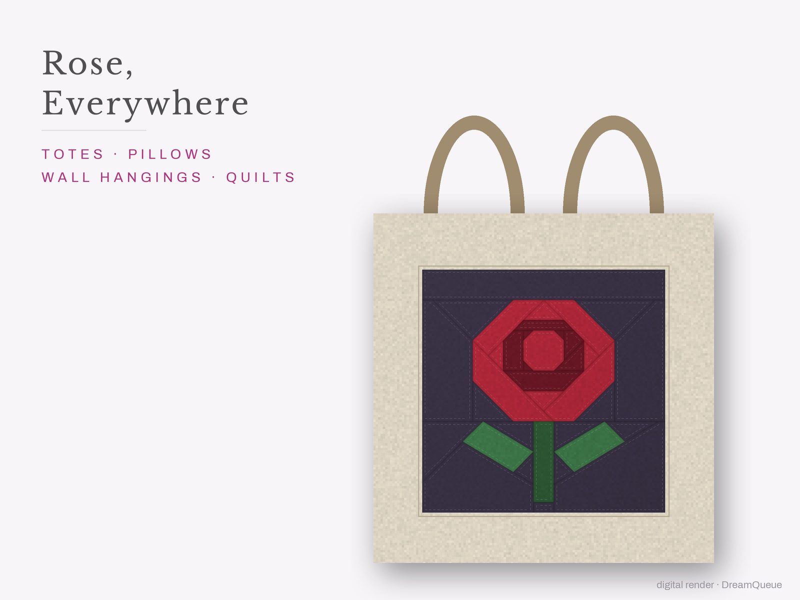 The Rose quilt block sewn into a tote bag, one idea for totes, pillows, wall hangings and quilts