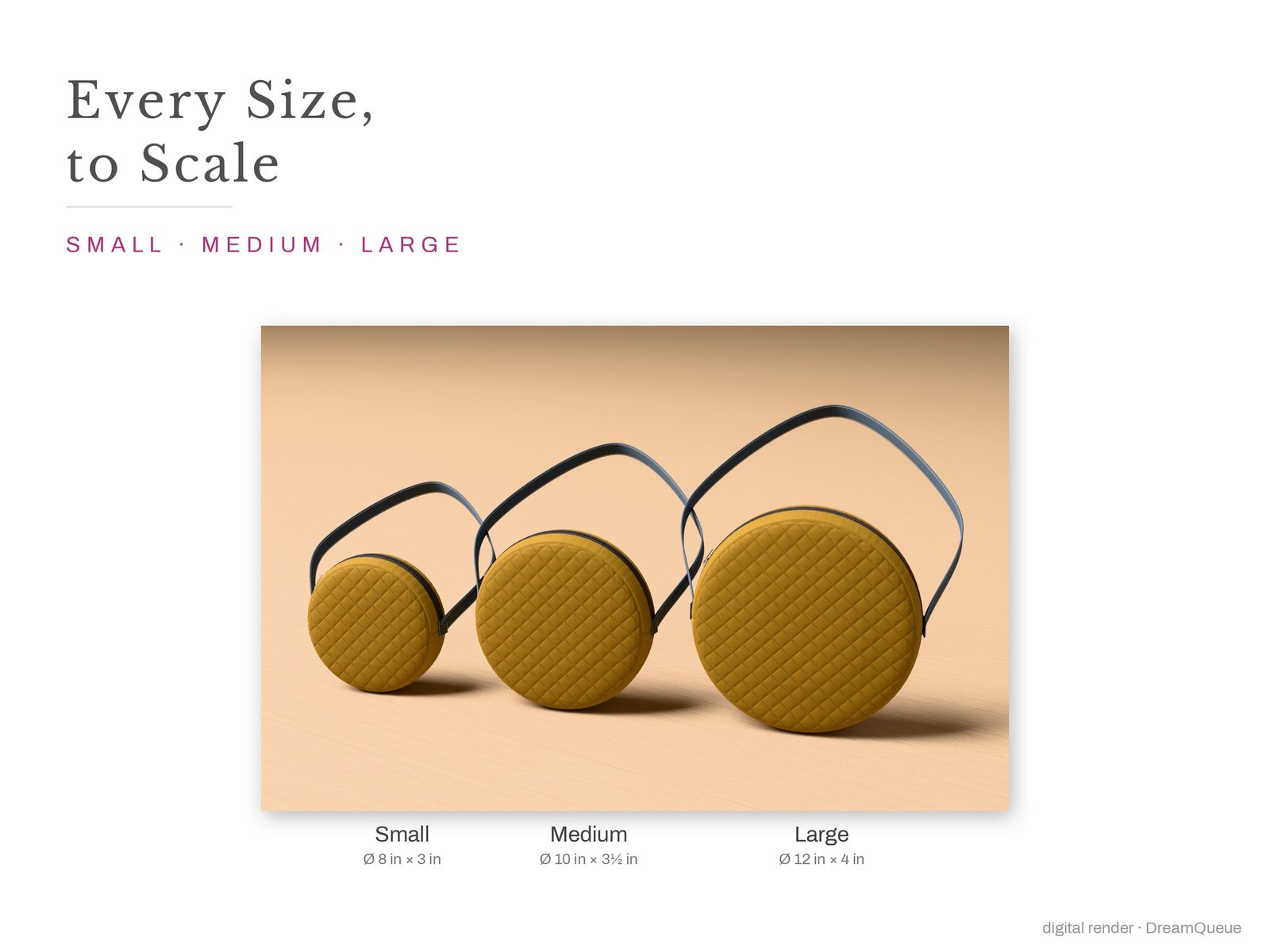 Round Zipper Bag in every size, side by side to scale