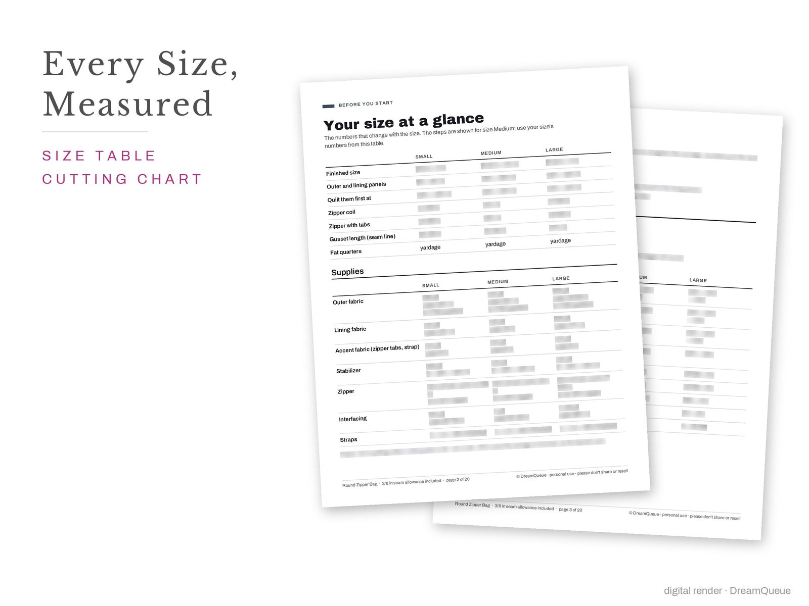 Round Zipper Bag pattern pages: size table, supplies and cutting chart