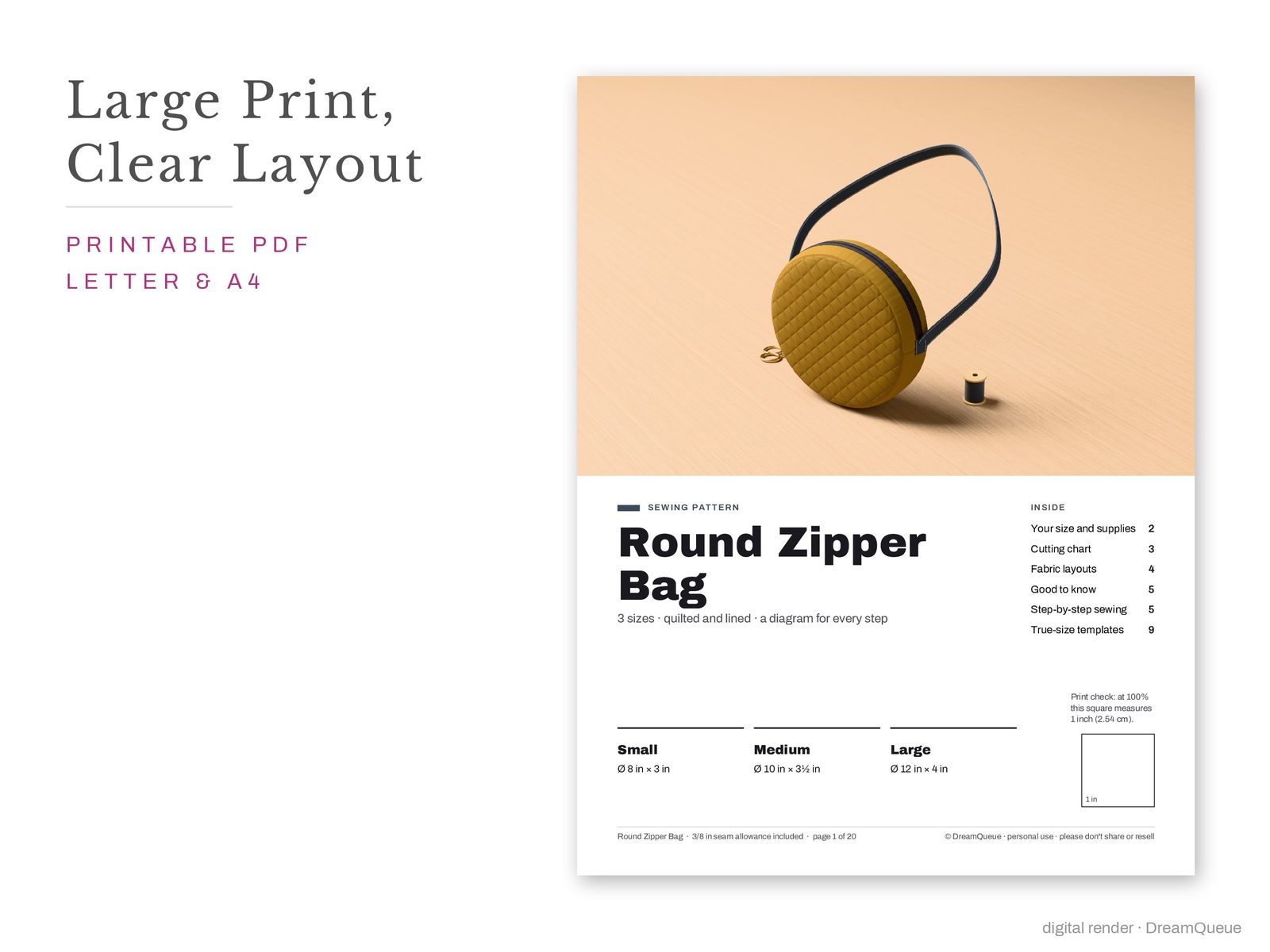 Round Zipper Bag pattern cover page: large print, clear layout