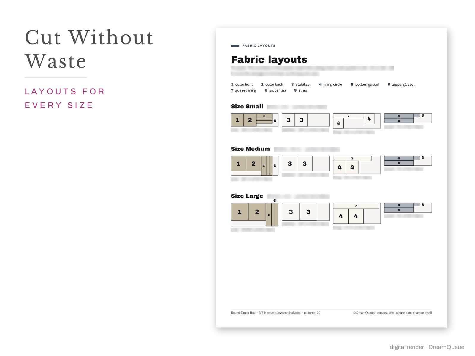 Round Zipper Bag fabric layouts for every size