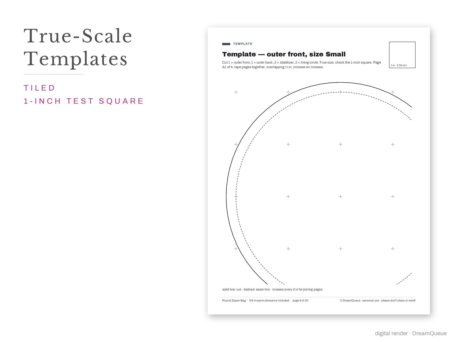 Round Zipper Bag: true-scale printable templates