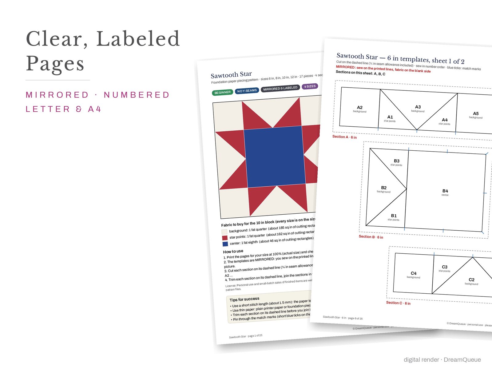 Cover page and a mirrored, numbered template sheet from the Sawtooth Star quilt block FPP pattern