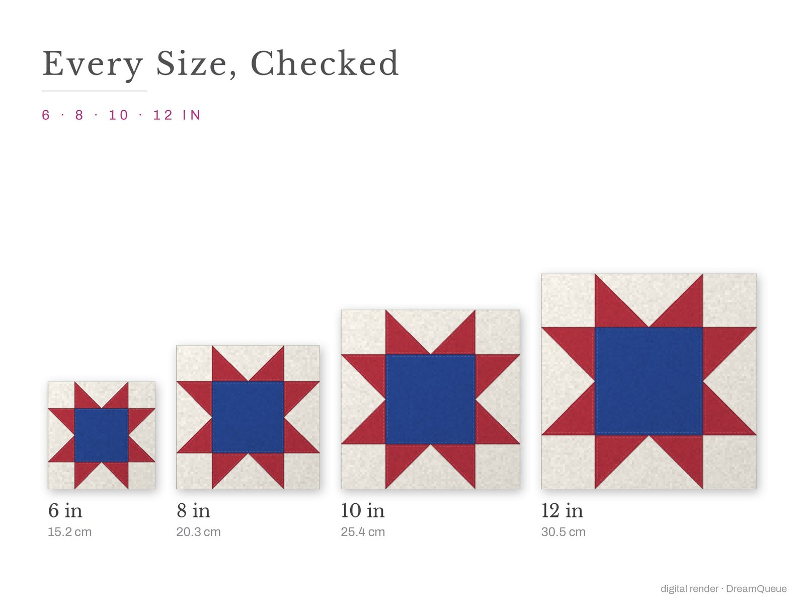 The Sawtooth Star quilt block at every finished size: 6, 8, 10 and 12 inch