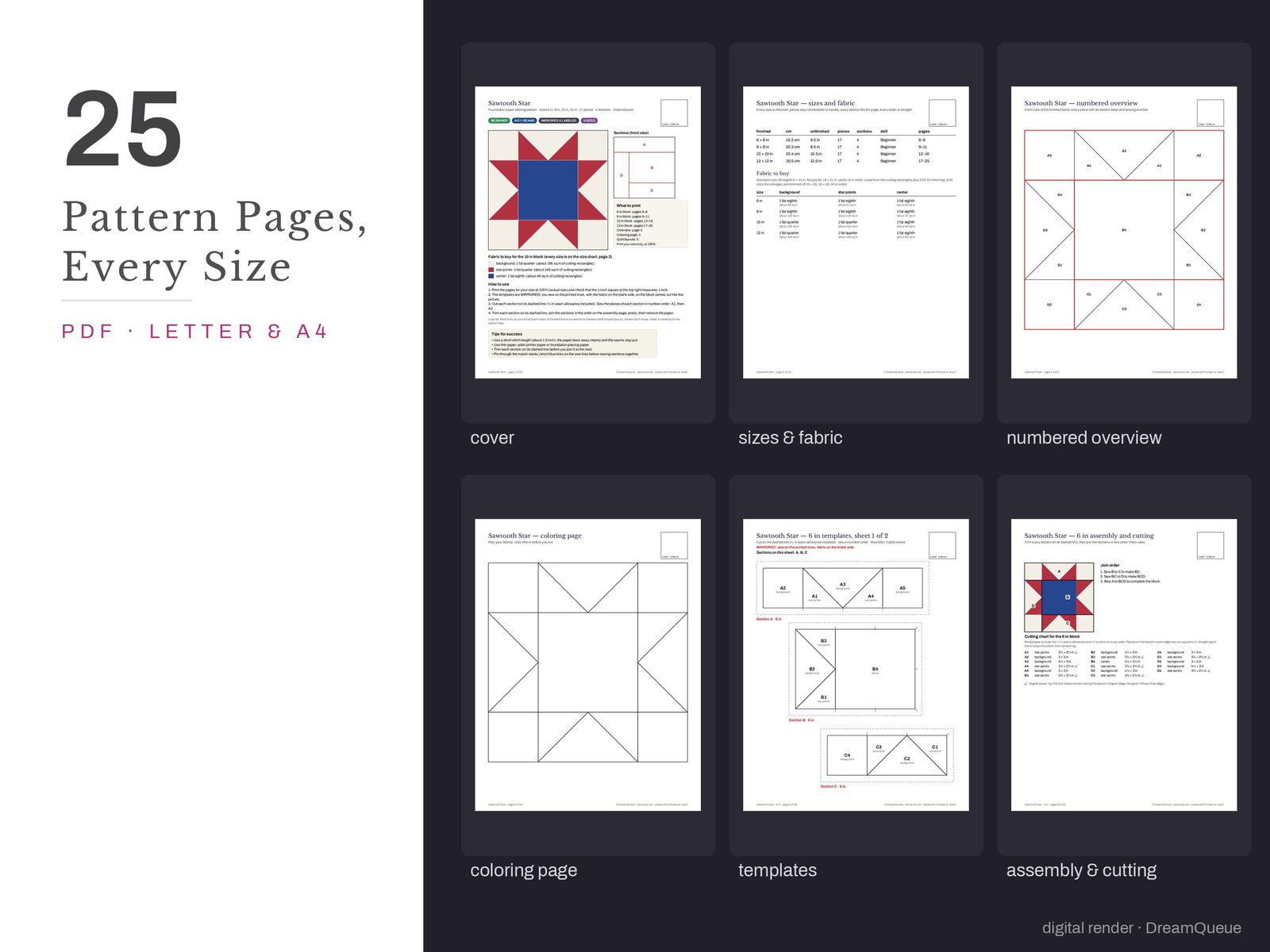 Thumbnails of the Sawtooth Star quilt block pattern pages: cover, size and fabric chart, numbered overview, coloring page, templates, assembly and cutting chart