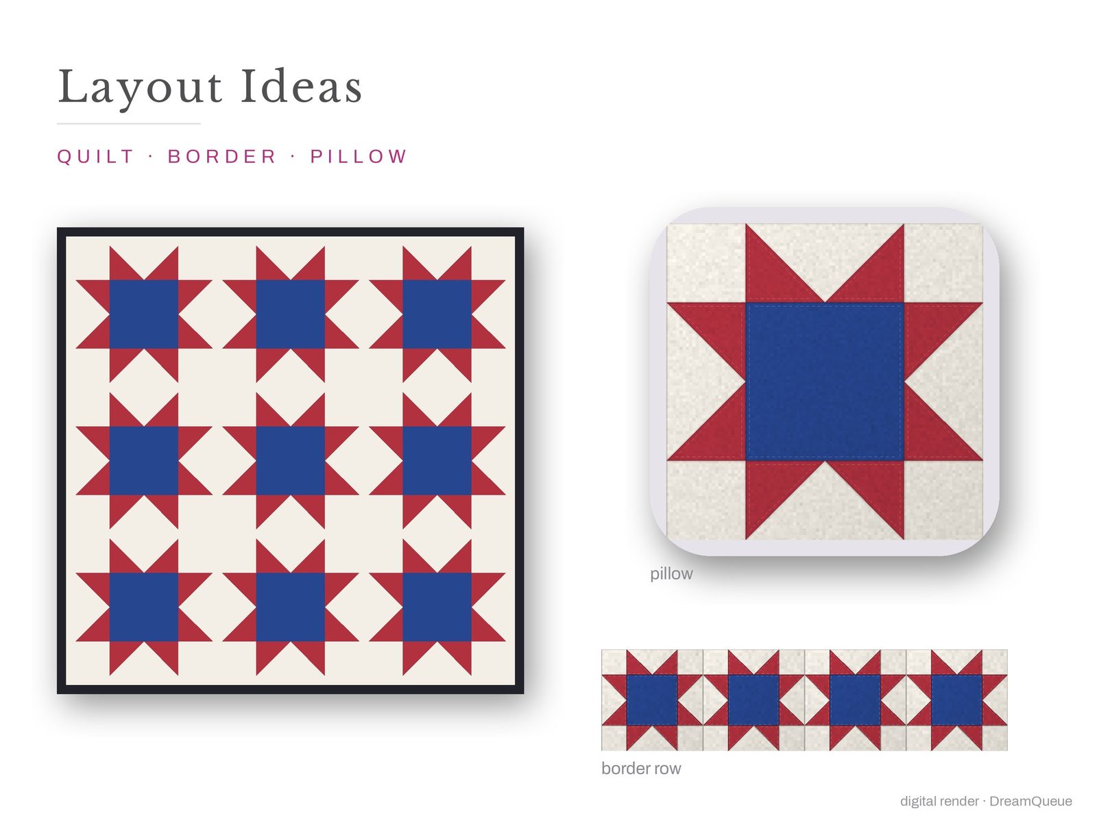 Layout ideas for the Sawtooth Star quilt block: a full quilt, a border row and a pillow