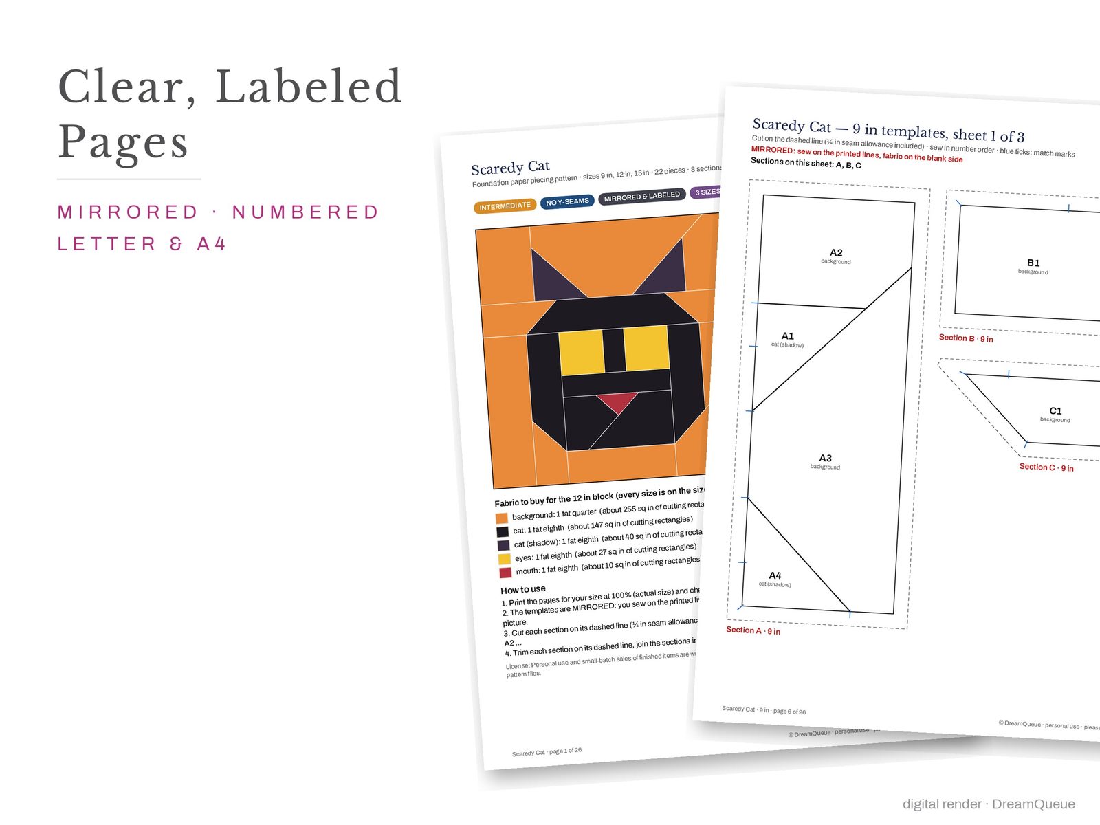 Cover page and a mirrored, numbered template sheet from the Scaredy Cat quilt block FPP pattern