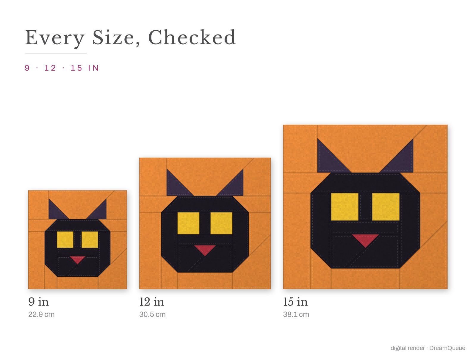 The Scaredy Cat quilt block at every finished size: 9, 12 and 15 inch
