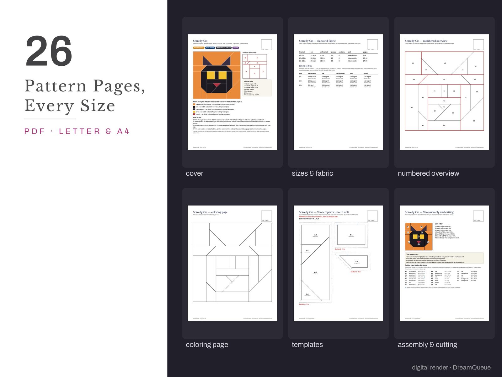 Thumbnails of the Scaredy Cat quilt block pattern pages: cover, size and fabric chart, numbered overview, coloring page, templates, assembly and cutting chart