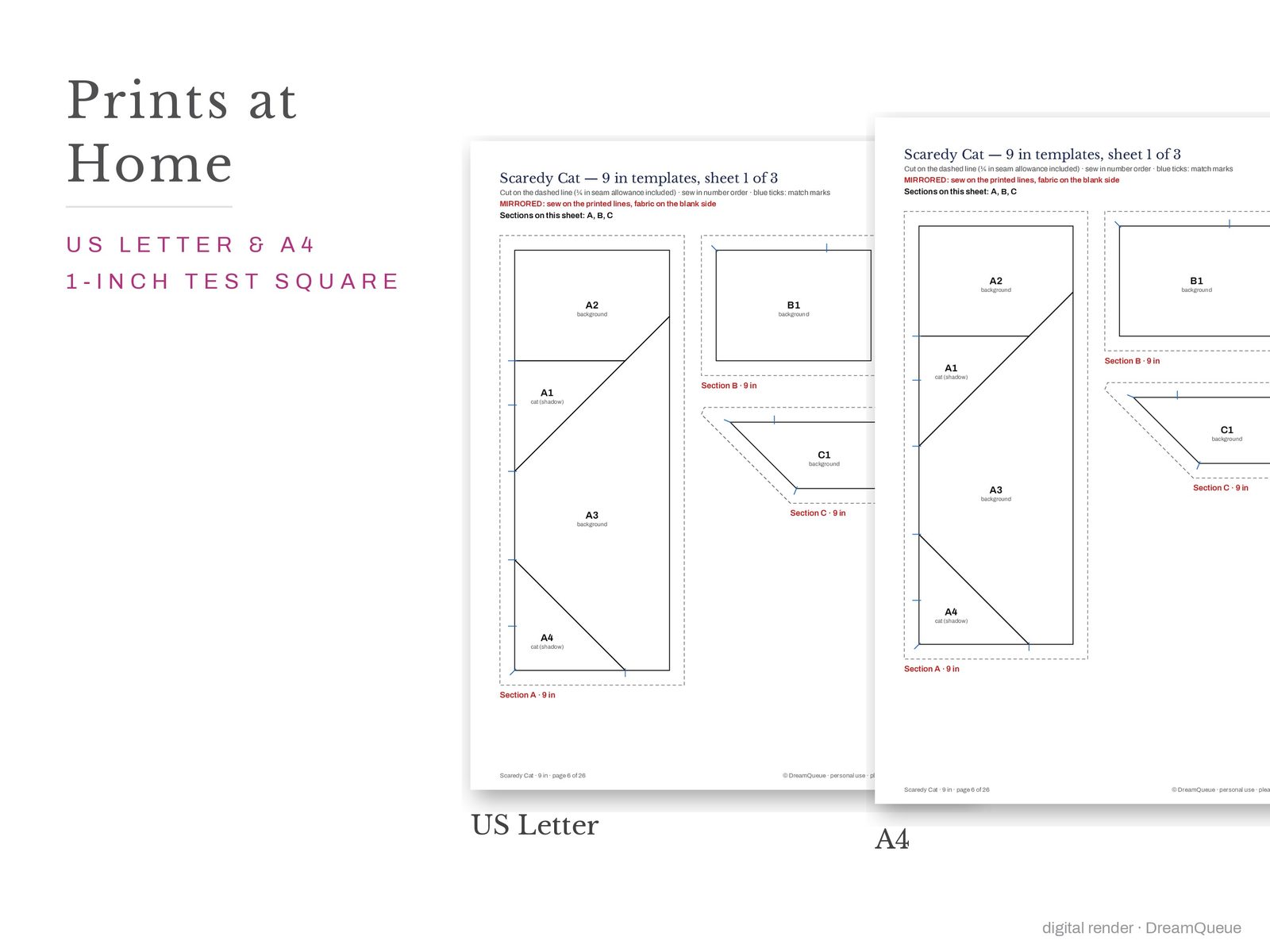 Scaredy cat quilt block templates printed on US Letter and A4 paper with a 1-inch test square to check the print scale